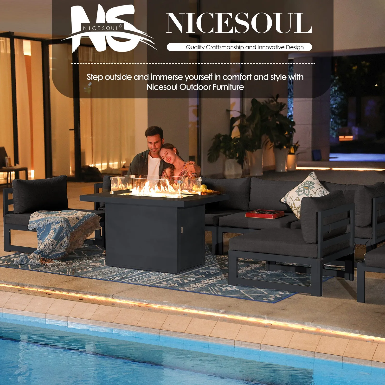 NICESOUL Aluminum Patio Sofa with Fire Pit 6 Seater 7-Piece