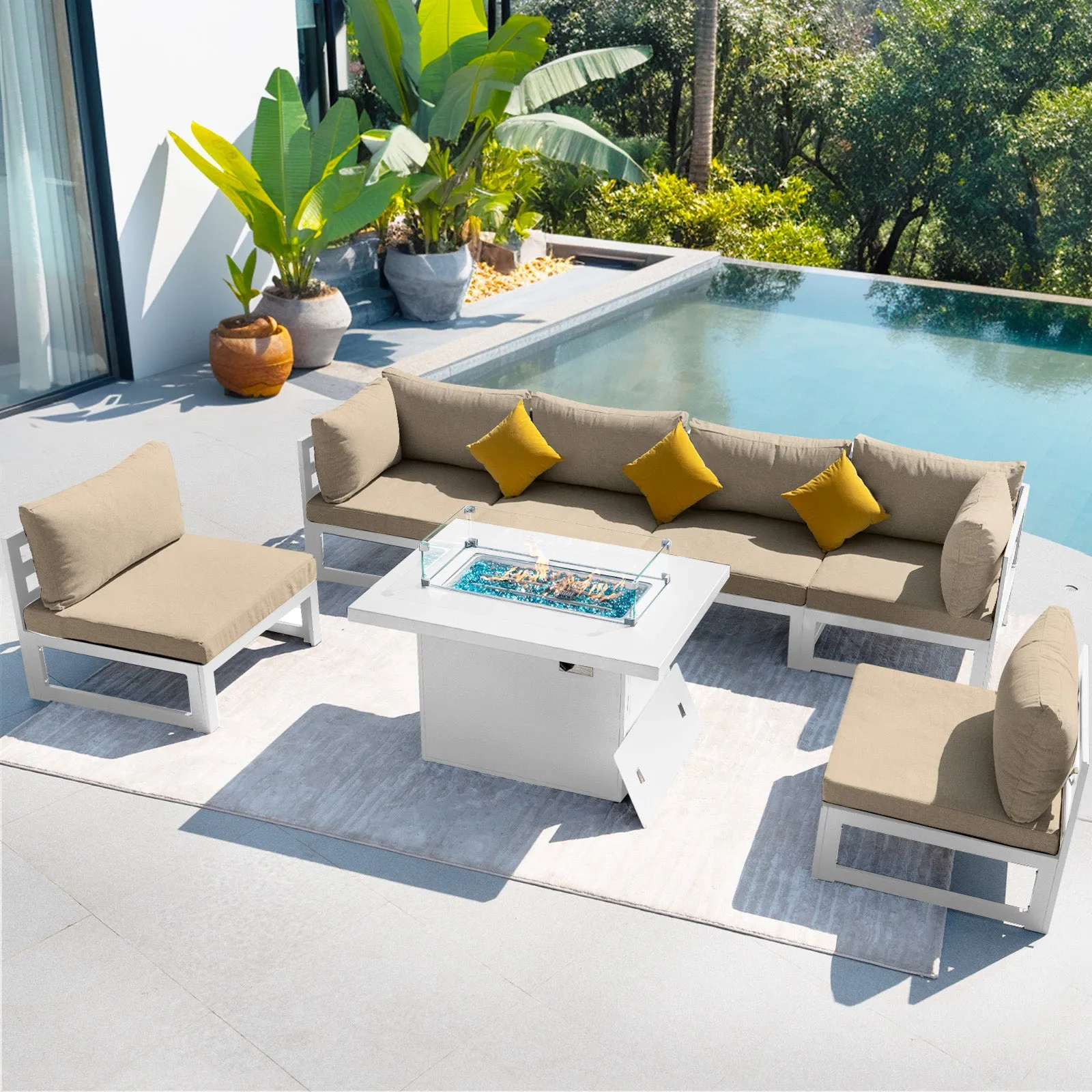 NICESOUL Aluminum Patio Sofa with Fire Pit 6 Seater 7-Piece