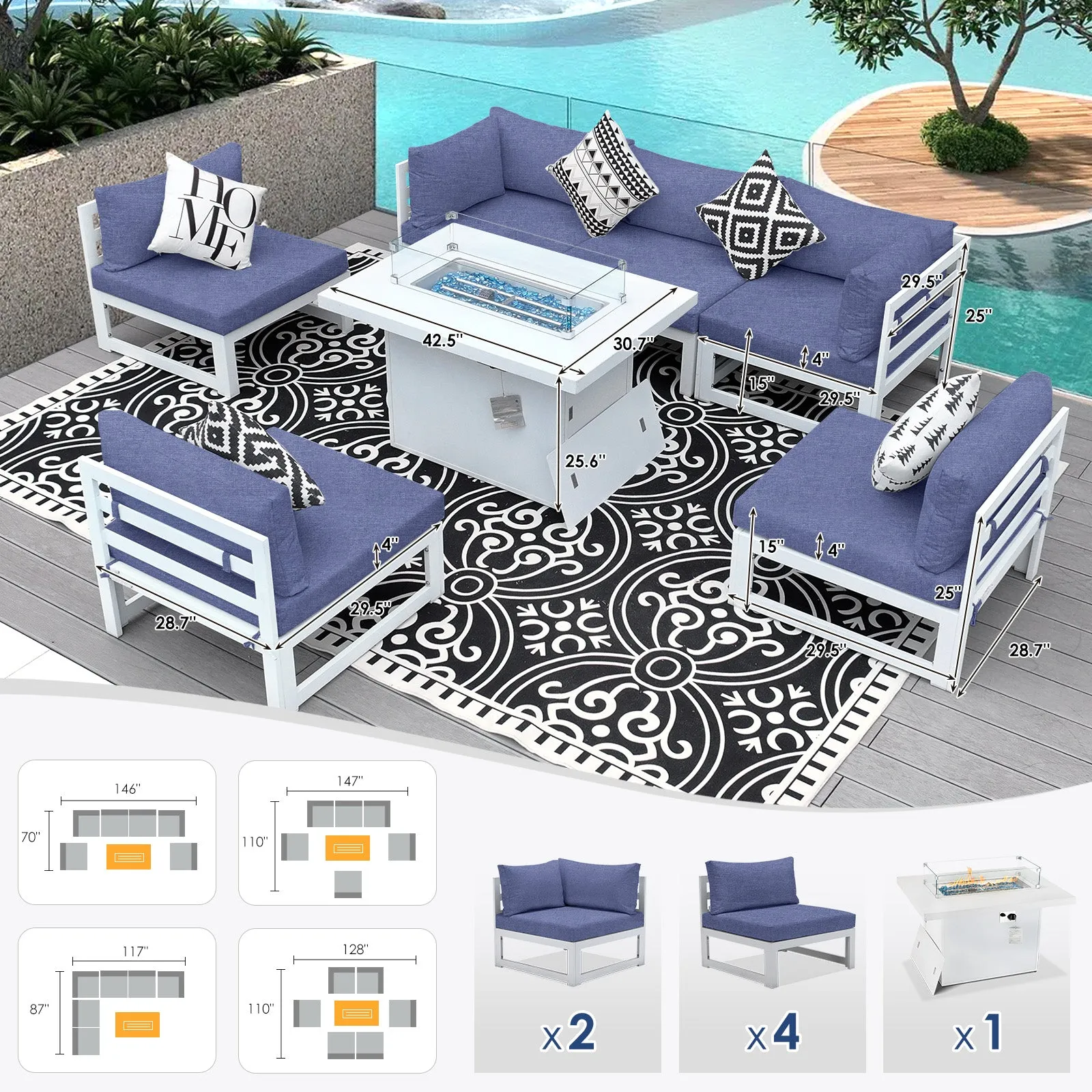 NICESOUL Aluminum Patio Sofa with Fire Pit 6 Seater 7-Piece