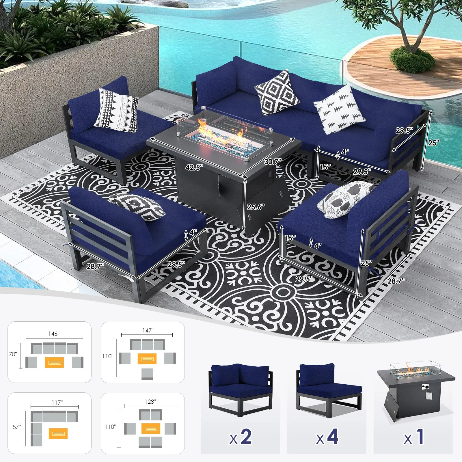 NICESOUL Aluminum Patio Sofa with Fire Pit 6 Seater 7-Piece