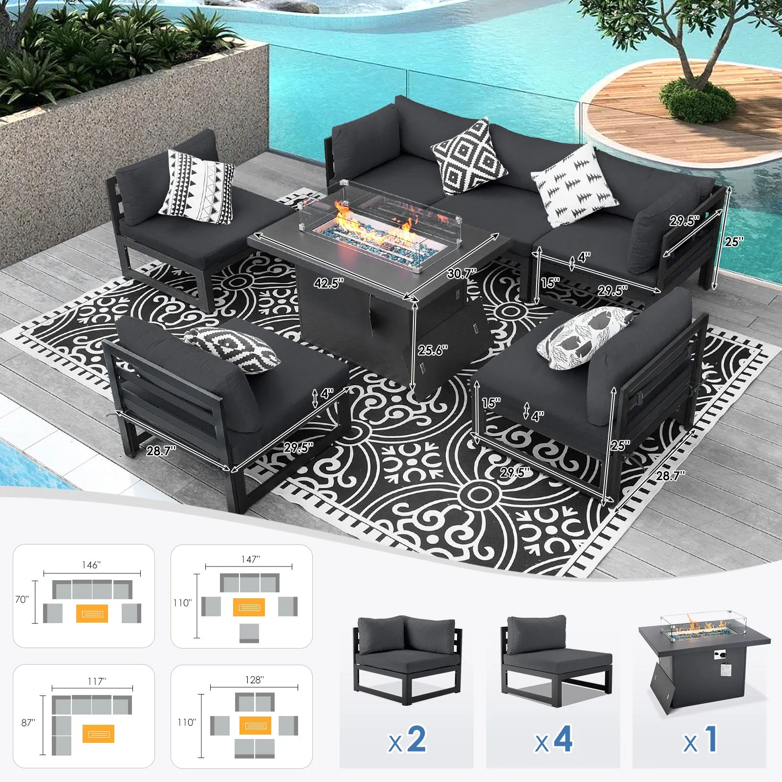 NICESOUL Aluminum Patio Sofa with Fire Pit 6 Seater 7-Piece
