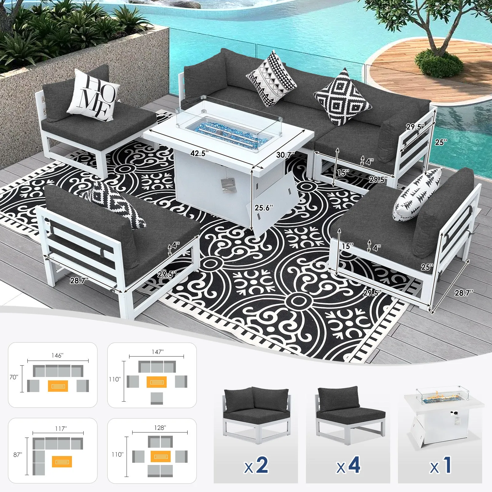 NICESOUL Aluminum Patio Sofa with Fire Pit 6 Seater 7-Piece