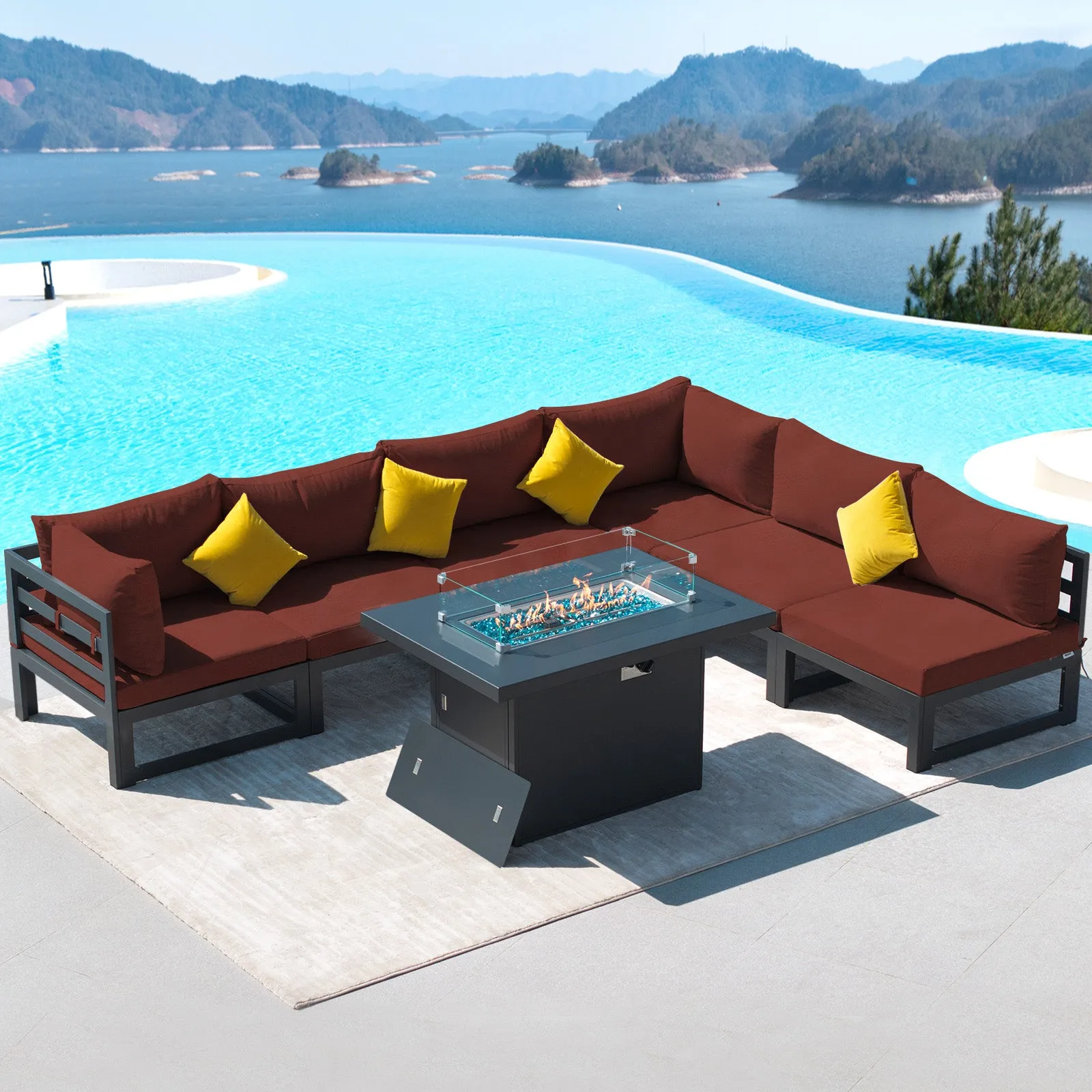 NICESOUL Aluminum Patio Sofa with Fire Pit 6 Seater 7-Piece