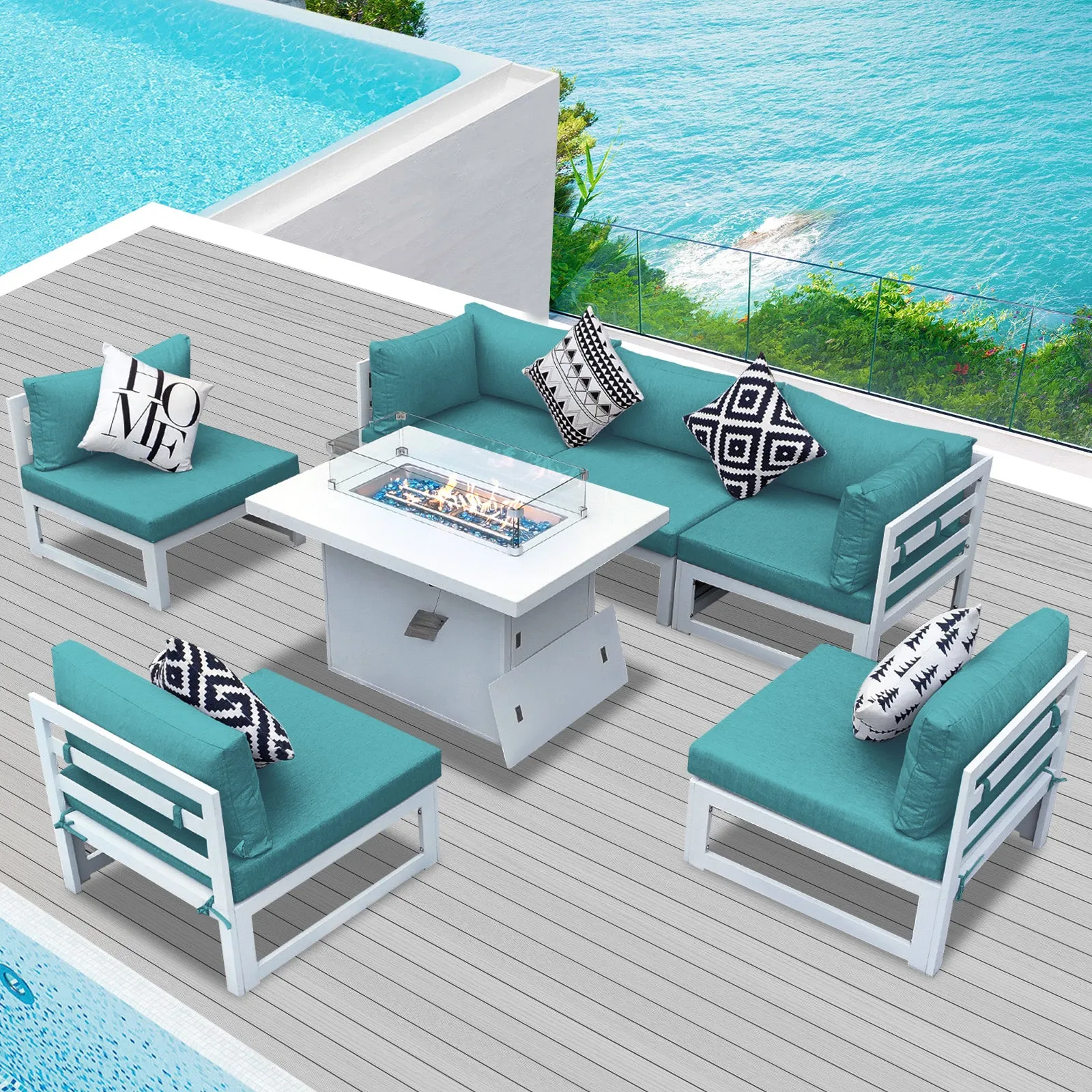 NICESOUL Aluminum Patio Sofa with Fire Pit 6 Seater 7-Piece
