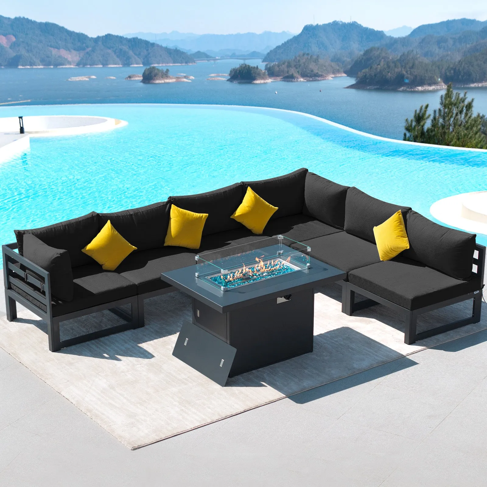 NICESOUL Aluminum Patio Sofa with Fire Pit 6 Seater 7-Piece