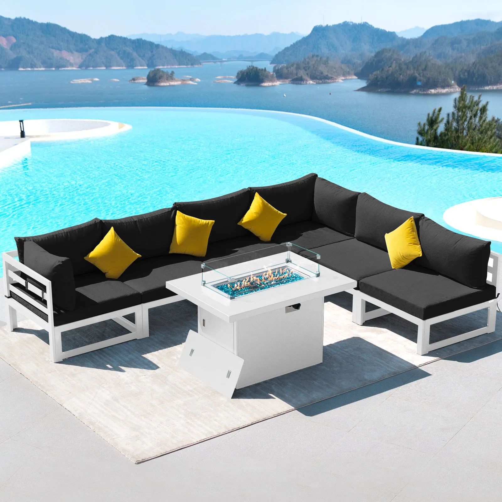 NICESOUL Aluminum Patio Sofa with Fire Pit 6 Seater 7-Piece