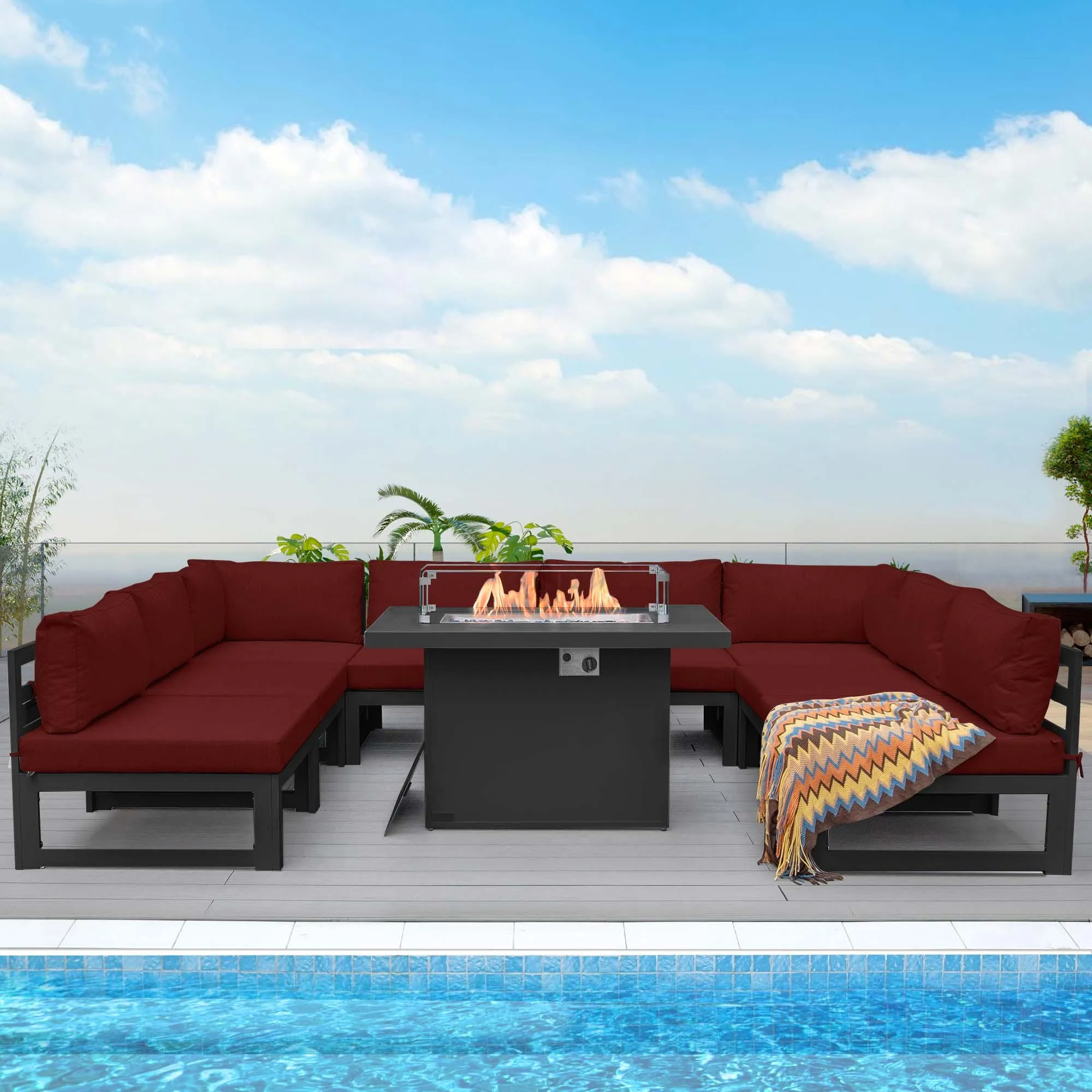 NICESOUL Aluminum Patio Sofa with Fire Pit 8 Seater 9-Piece
