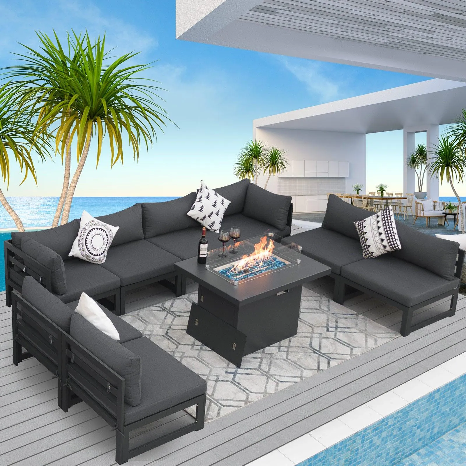 NICESOUL Aluminum Patio Sofa with Fire Pit 8 Seater 9-Piece