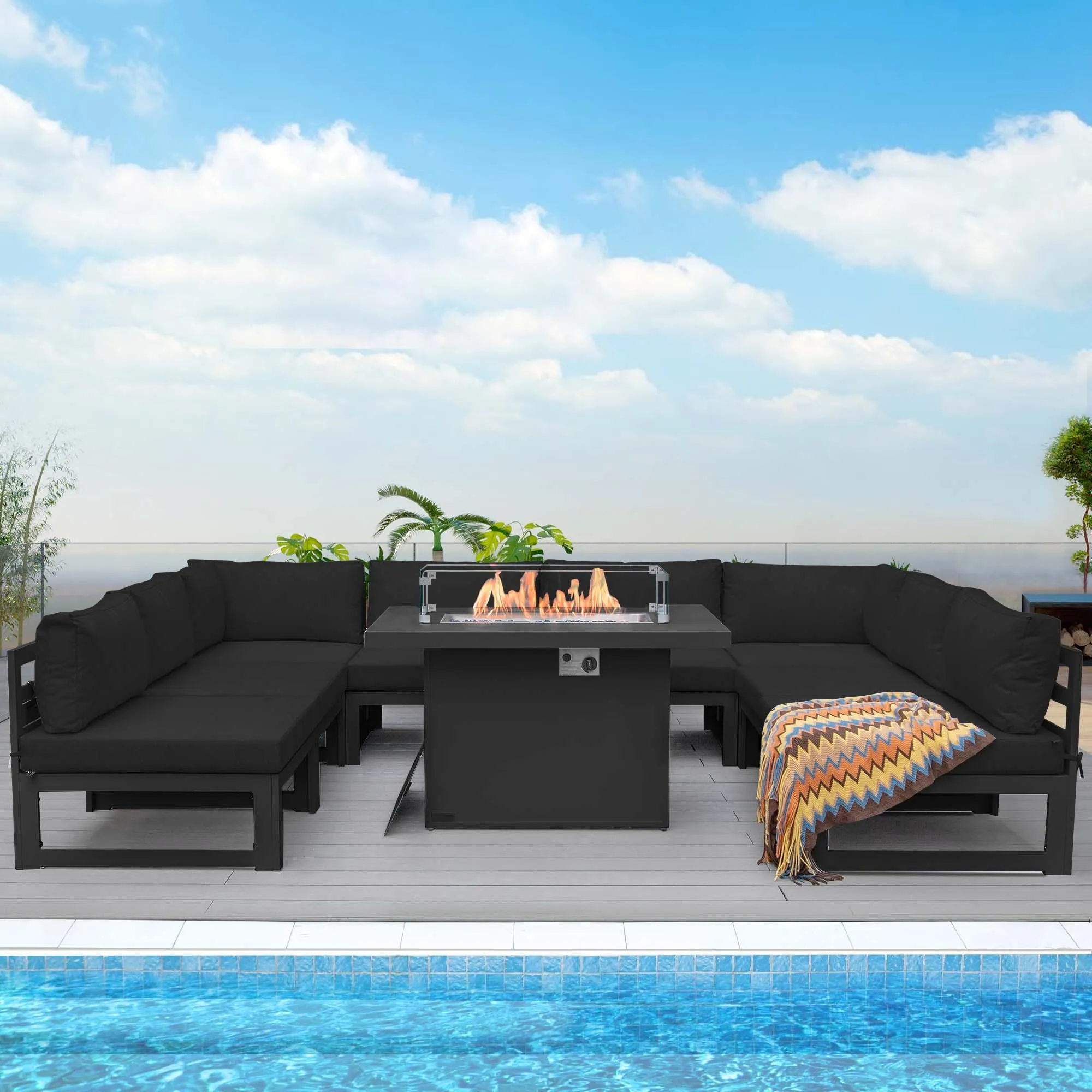 NICESOUL Aluminum Patio Sofa with Fire Pit 8 Seater 9-Piece