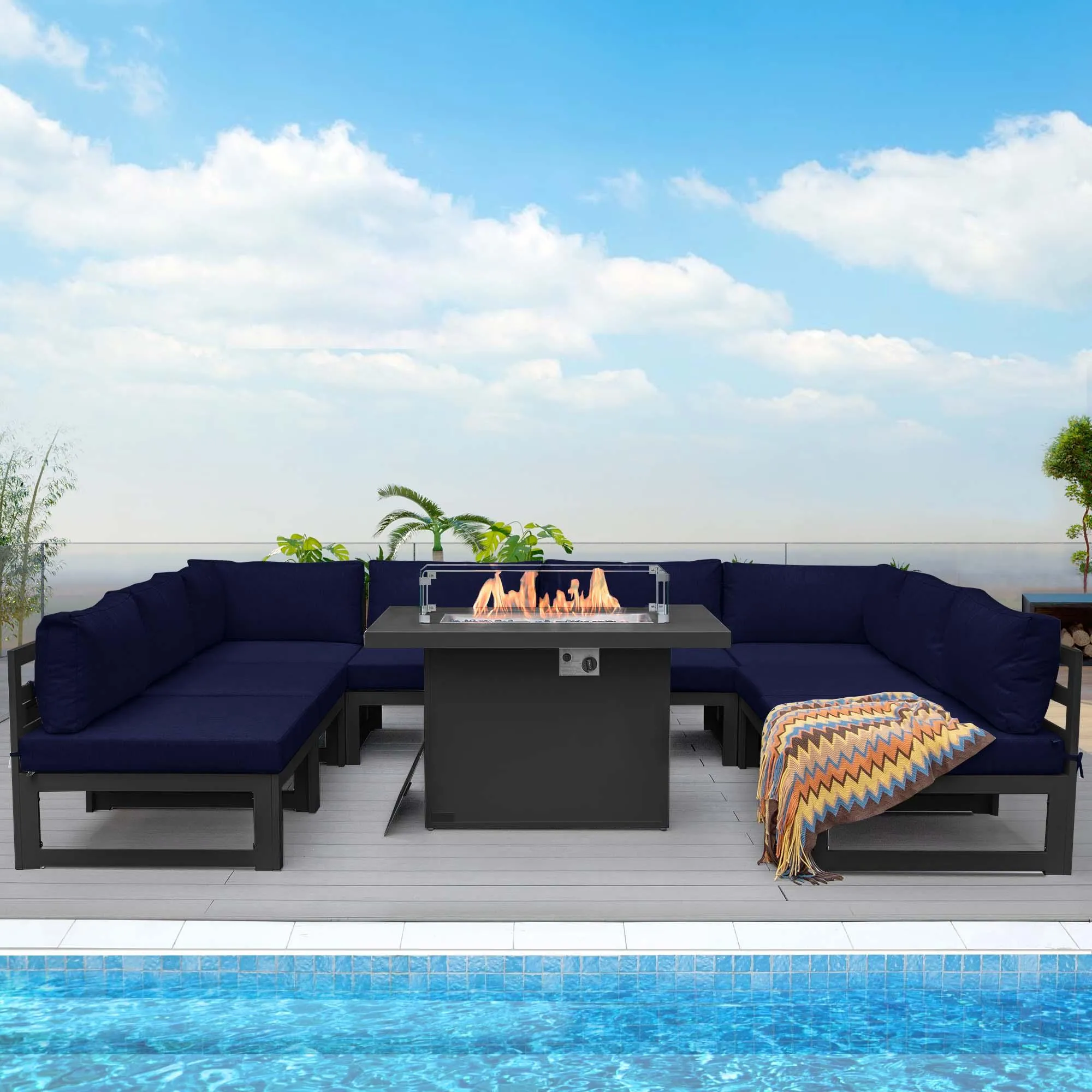 NICESOUL Aluminum Patio Sofa with Fire Pit 8 Seater 9-Piece