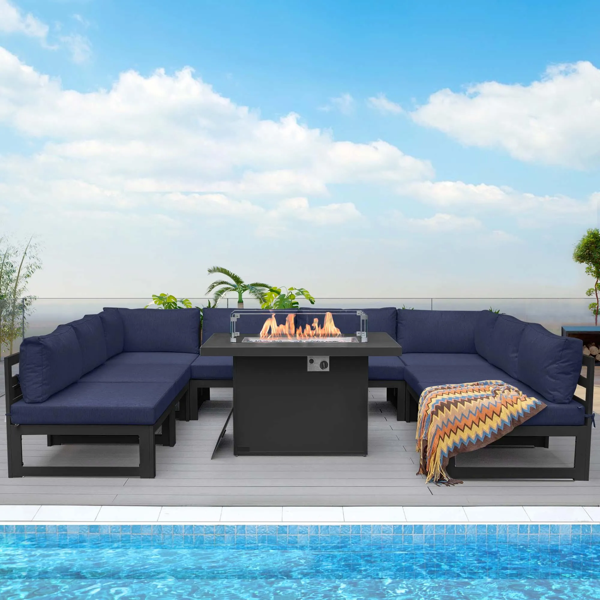 NICESOUL Aluminum Patio Sofa with Fire Pit 8 Seater 9-Piece