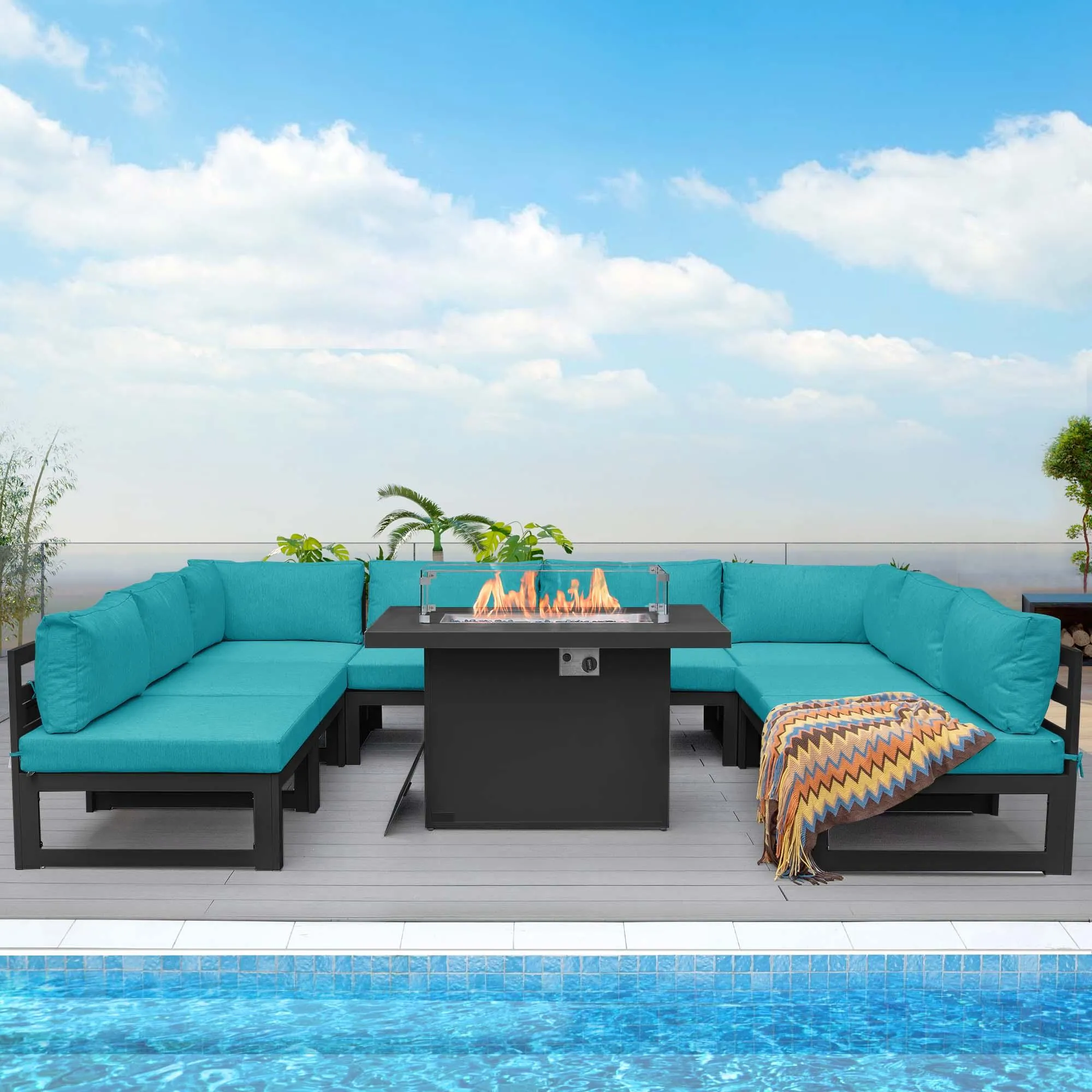 NICESOUL Aluminum Patio Sofa with Fire Pit 8 Seater 9-Piece