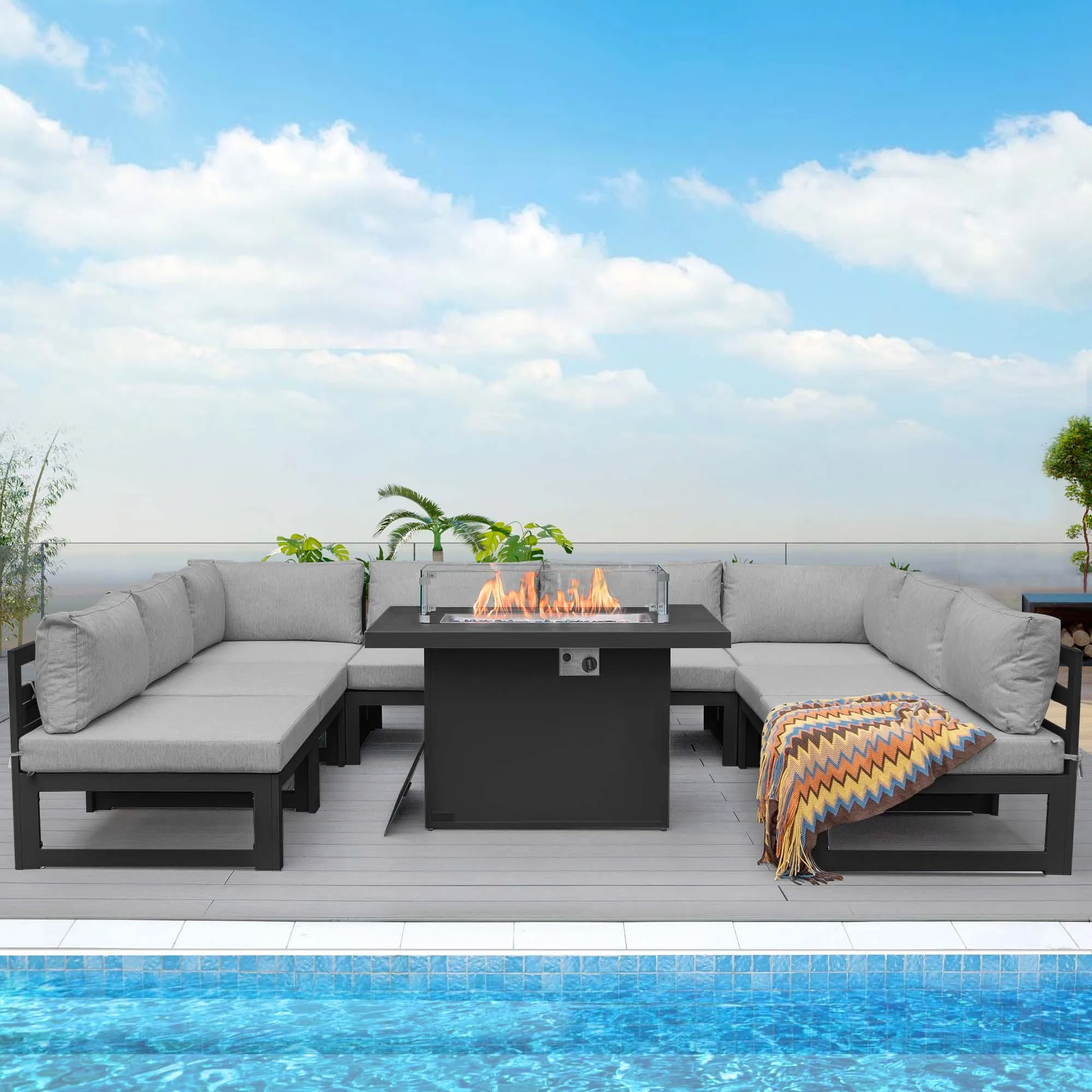 NICESOUL Aluminum Patio Sofa with Fire Pit 8 Seater 9-Piece