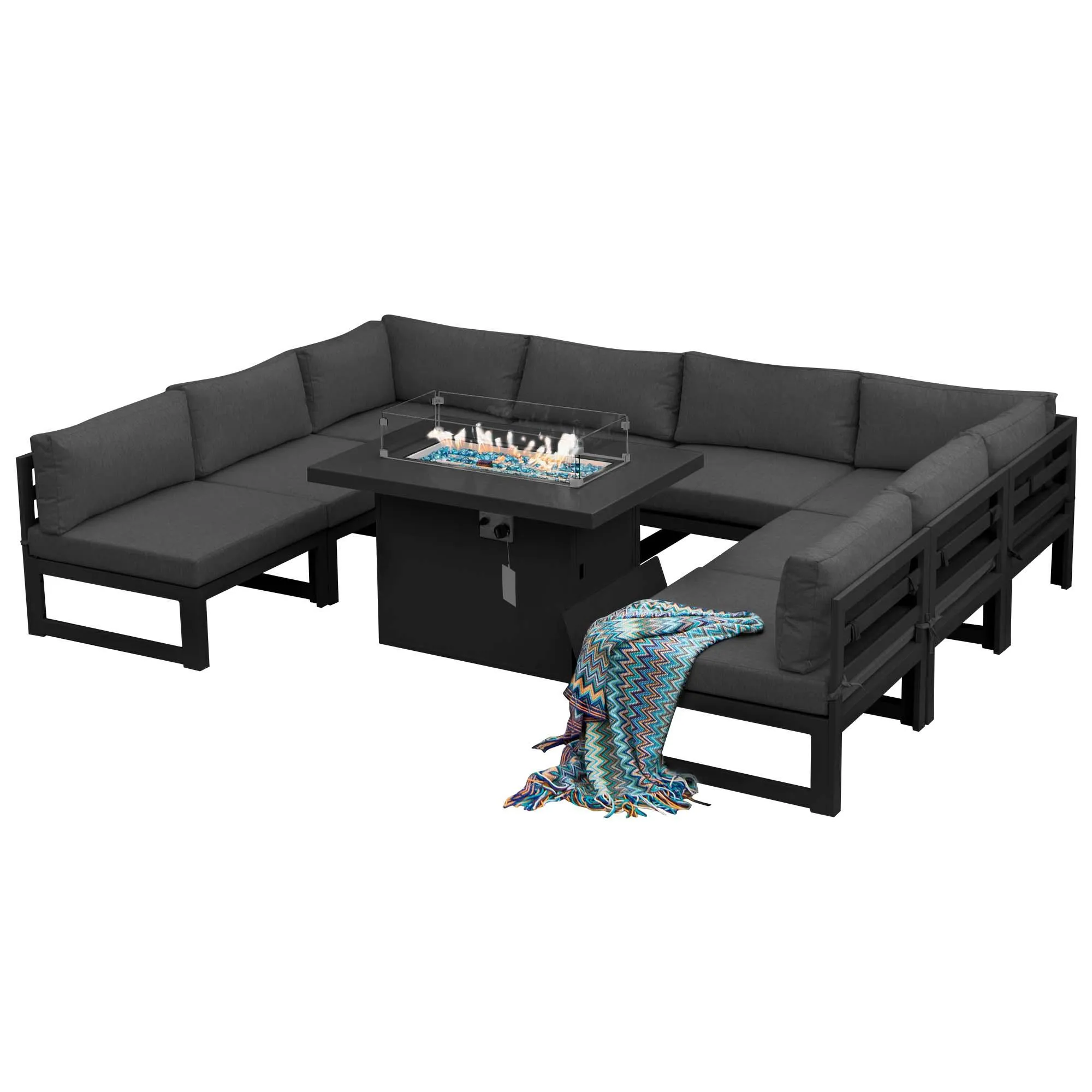 NICESOUL Aluminum Patio Sofa with Fire Pit 8 Seater 9-Piece