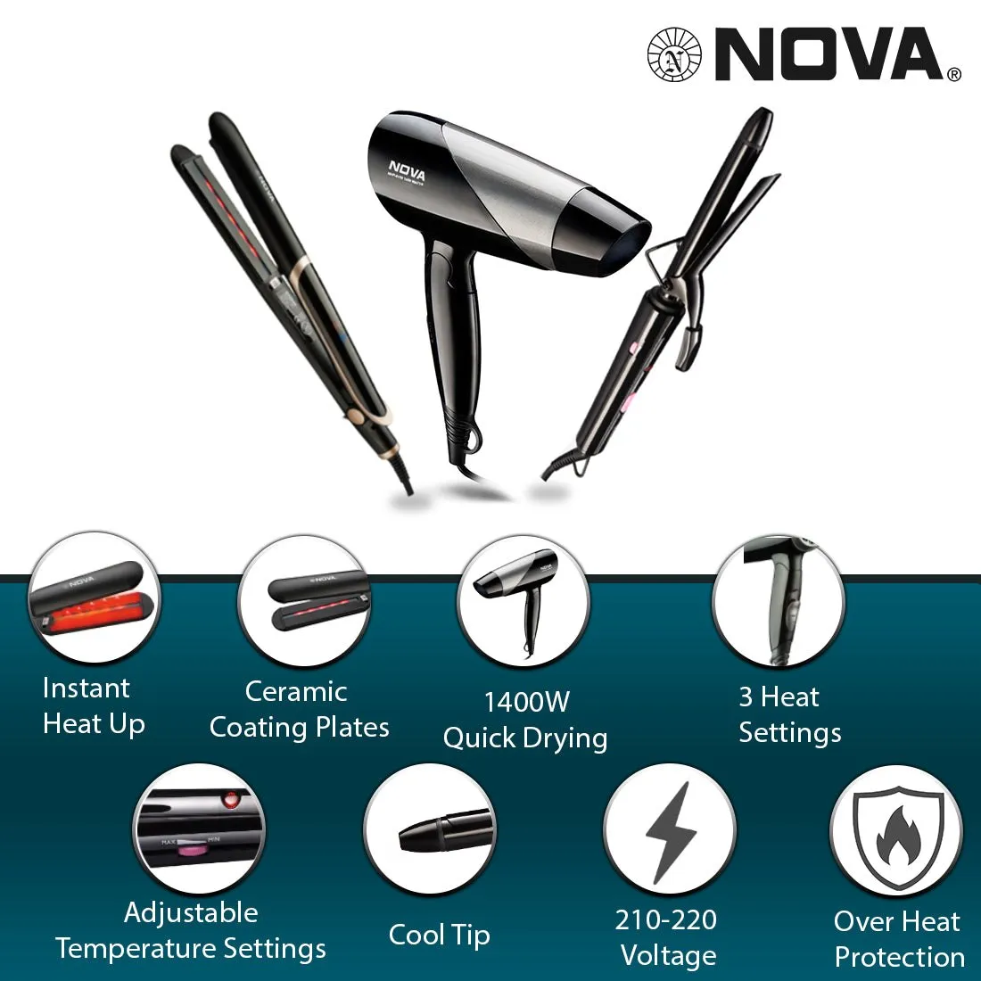 Nova Premium Styling Kit combo ( Miss Freshers Pack ) Personal Care Appliance Combo (Hair Styler, Hair Straightener, Hair Dryer)