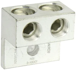 NSI 2-1000T Dual Rated Mechanical Double Lug, 1000-500 MCM Wire Range, 1/2" Mounting Hole, 3.19" Width, 1.88" Height, 3.25" Length