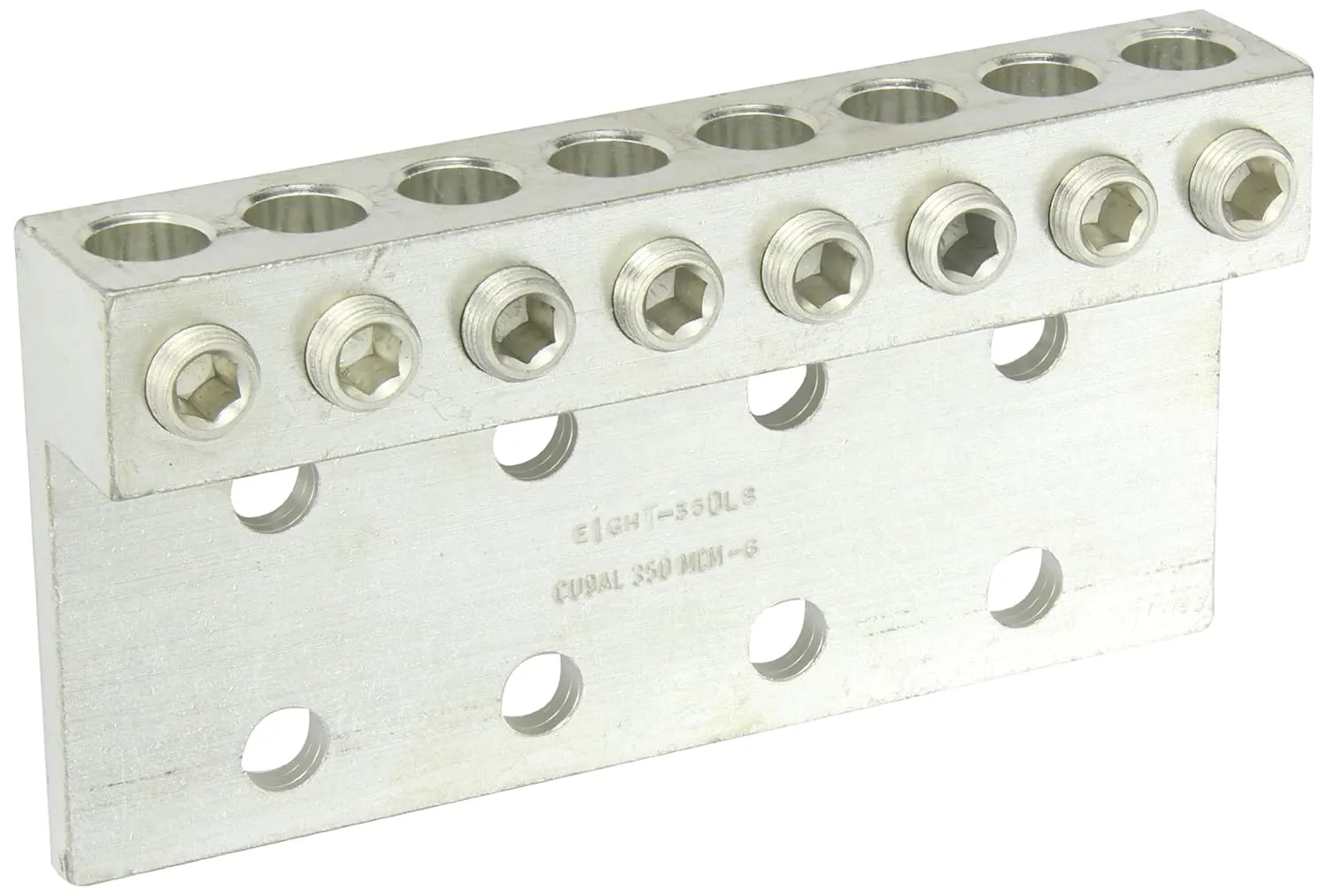 NSI 8-350L8 Dual Rated Transformer Lug, 350 MCM - 6 AWG Wire Range, 0.563" Mouting Hole, 3/8" Hex Size, 7.62" Width, 1.38" Height, 4.31" Length