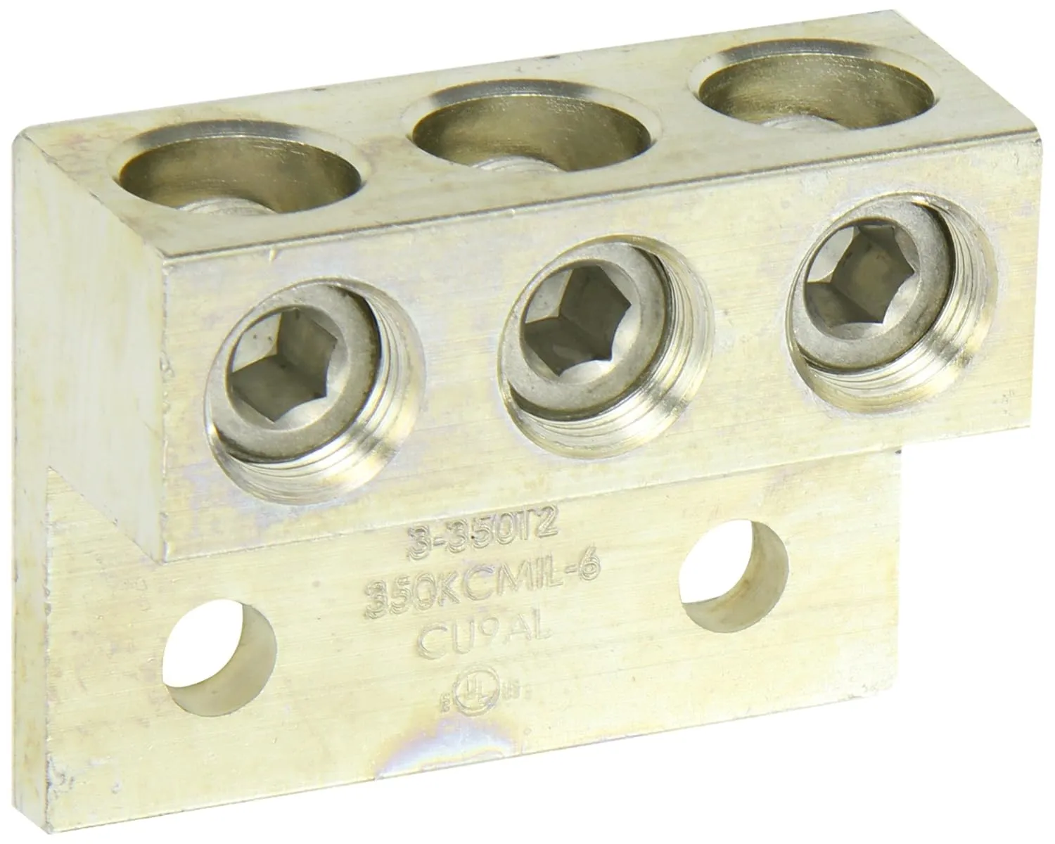 NSI Dual Rated Transformer Lug, 350 MCM - 6 AWG Wire Range, 0.375" Mouting Hole, 3/8" Hex Size, 2.84" Width, 1.25" Height, 2.25" Length