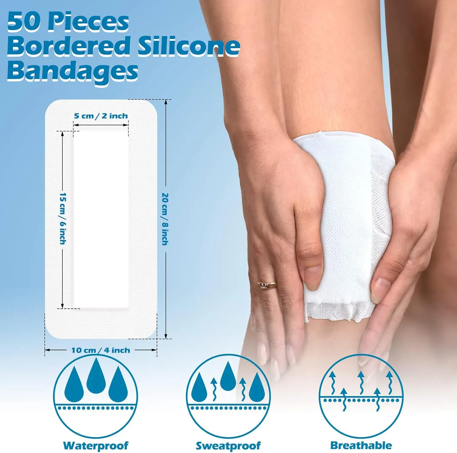 Nuanchu 50 Pieces Island Dressing Bordered Gauze Wound Care Bandage with Adhesive Border Wound Bandage Pads Waterproof Breathable Individually Wrapped Bandages Non-Stick Central Pad(4 x 8 Inch)