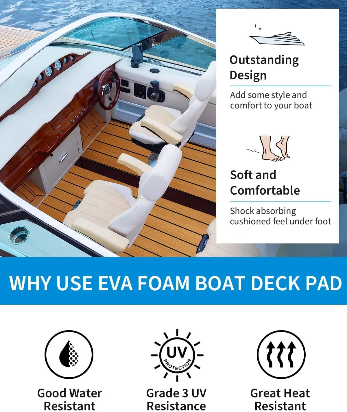 OCEANBROAD EVA Foam Boat Flooring with 3M Adhesive Backing Marine Self-Adhesive Decking 96''x45.6''/36''/28.8''/16.8'', 48''x16.8'' Faux Teak Sheet for Jon Boats Swim Platform Helm Pad RV Floor