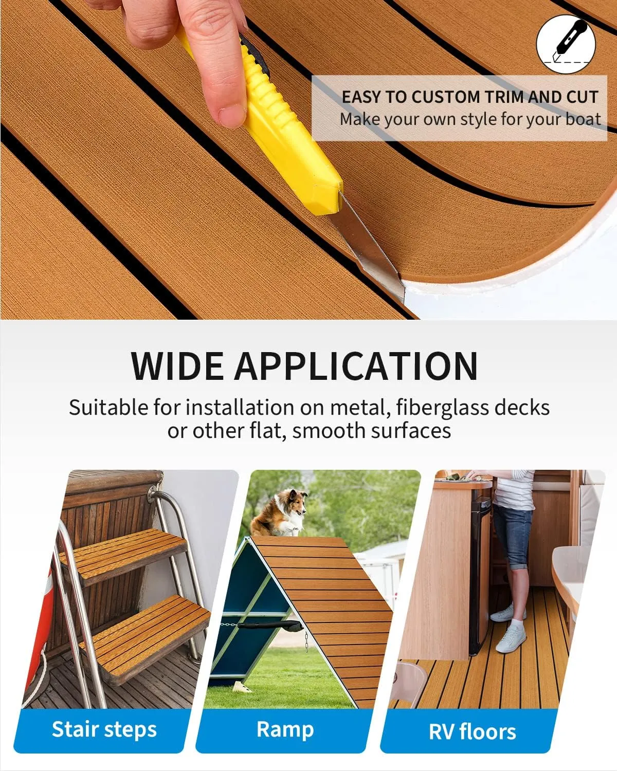 OCEANBROAD EVA Foam Boat Flooring with 3M Adhesive Backing Marine Self-Adhesive Decking 96''x45.6''/36''/28.8''/16.8'', 48''x16.8'' Faux Teak Sheet for Jon Boats Swim Platform Helm Pad RV Floor