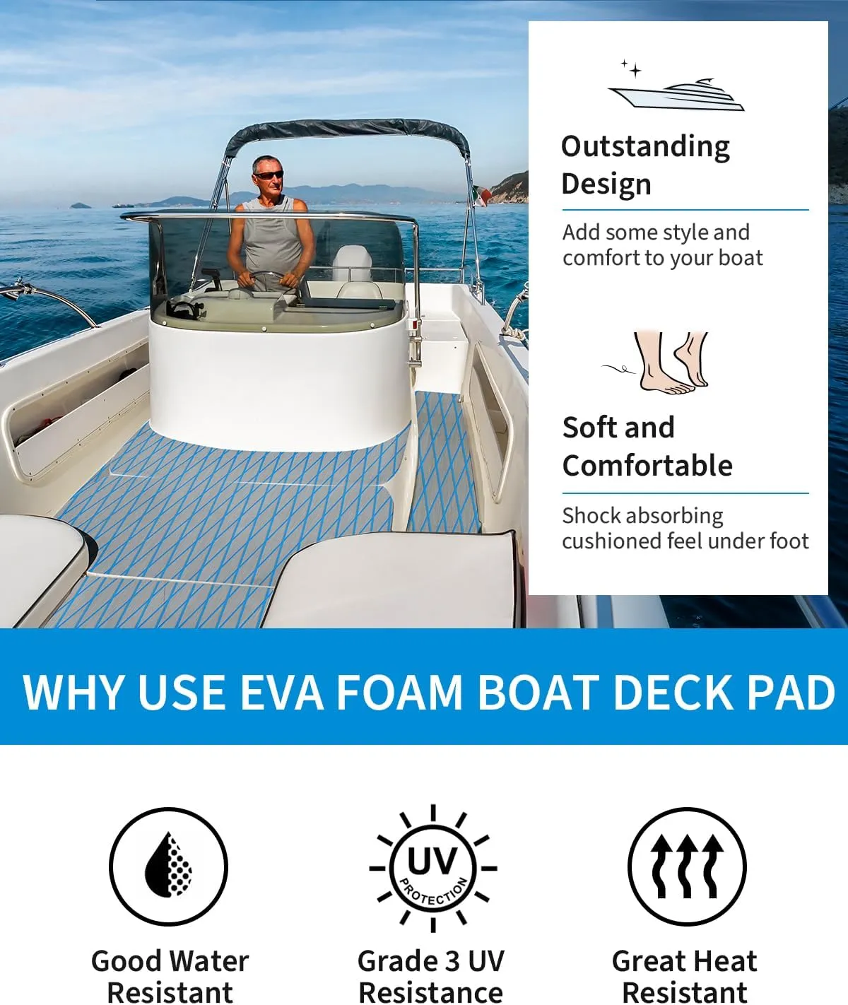 OCEANBROAD Self-Adhesive 96''x25''/15''/22.5''/35''/45'' Diamond Pattern Boat Flooring EVA Foam Marine Boat Decking Sheet Non-Slip Mat for Jon Motor Boats Yacht Helm Pad RV Floor