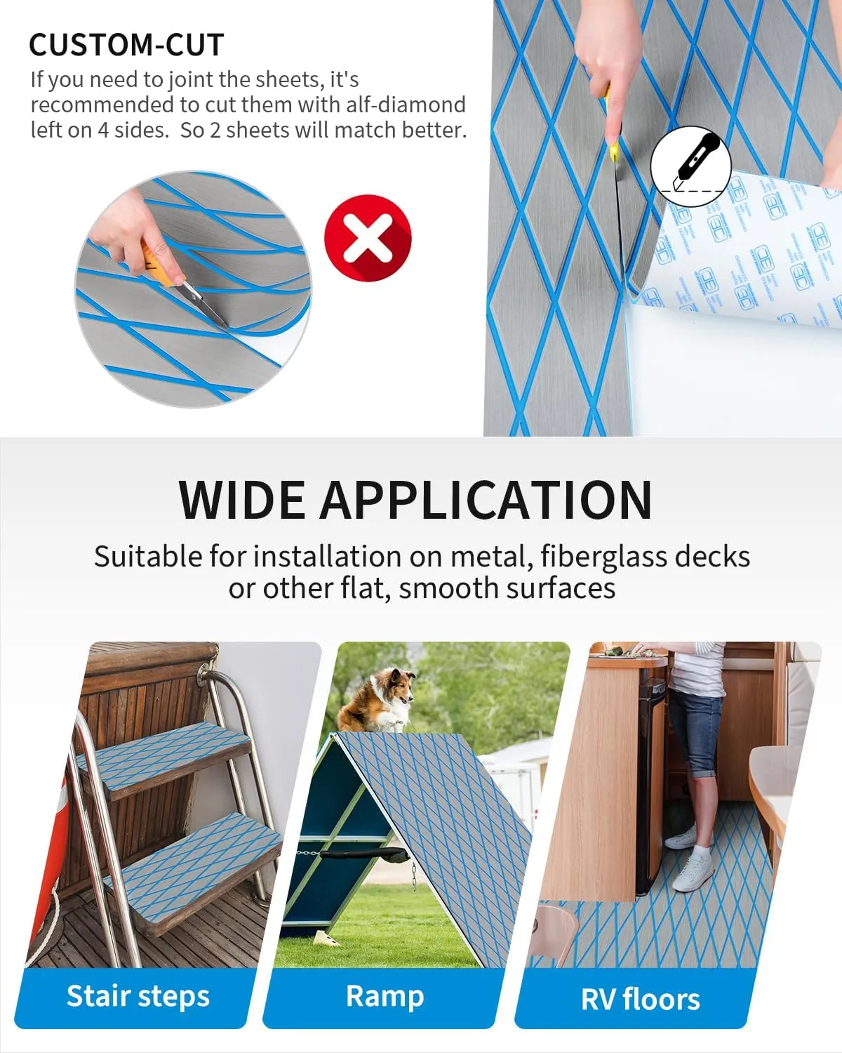 OCEANBROAD Self-Adhesive 96''x25''/15''/22.5''/35''/45'' Diamond Pattern Boat Flooring EVA Foam Marine Boat Decking Sheet Non-Slip Mat for Jon Motor Boats Yacht Helm Pad RV Floor