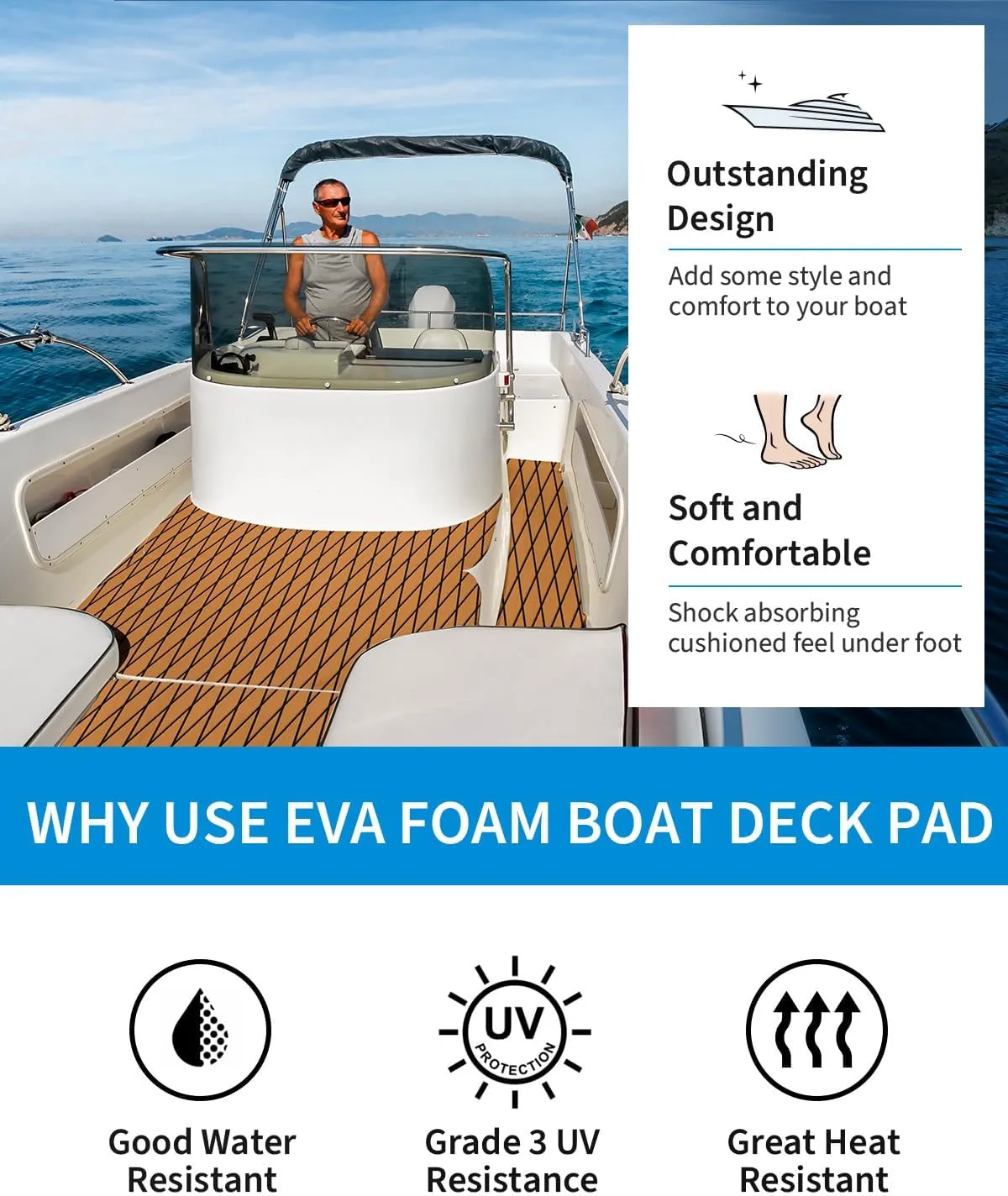 OCEANBROAD Self-Adhesive 96''x34.5''/44.5 Diamond Pattern Boat Flooring EVA Foam Marine Boat Decking Sheet Non-Slip Mat for Jon Motor Boats Yacht Helm Pad RV Floor