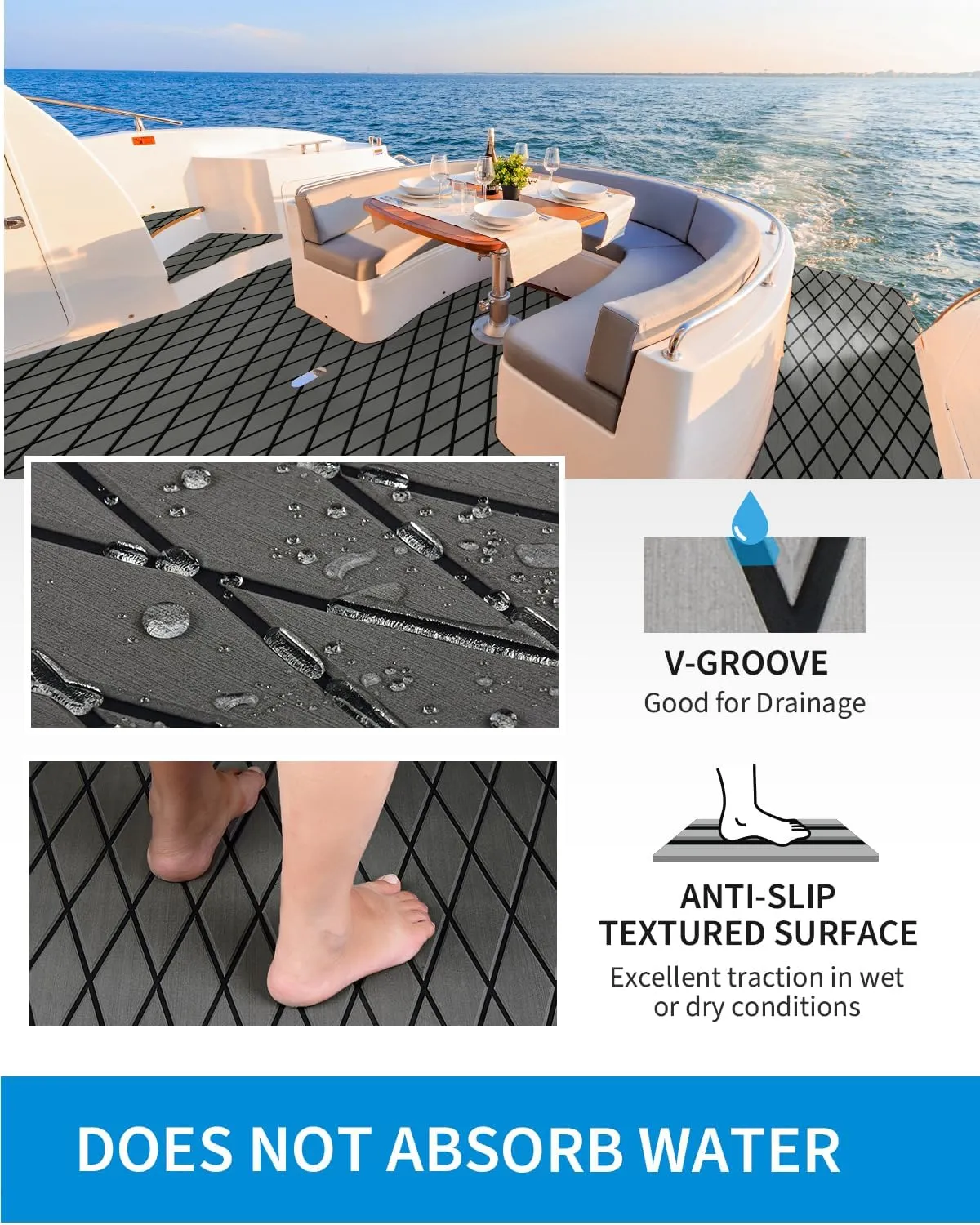 OCEANBROAD Self-Adhesive 96''x34.5''/44.5 Diamond Pattern Boat Flooring EVA Foam Marine Boat Decking Sheet Non-Slip Mat for Jon Motor Boats Yacht Helm Pad RV Floor