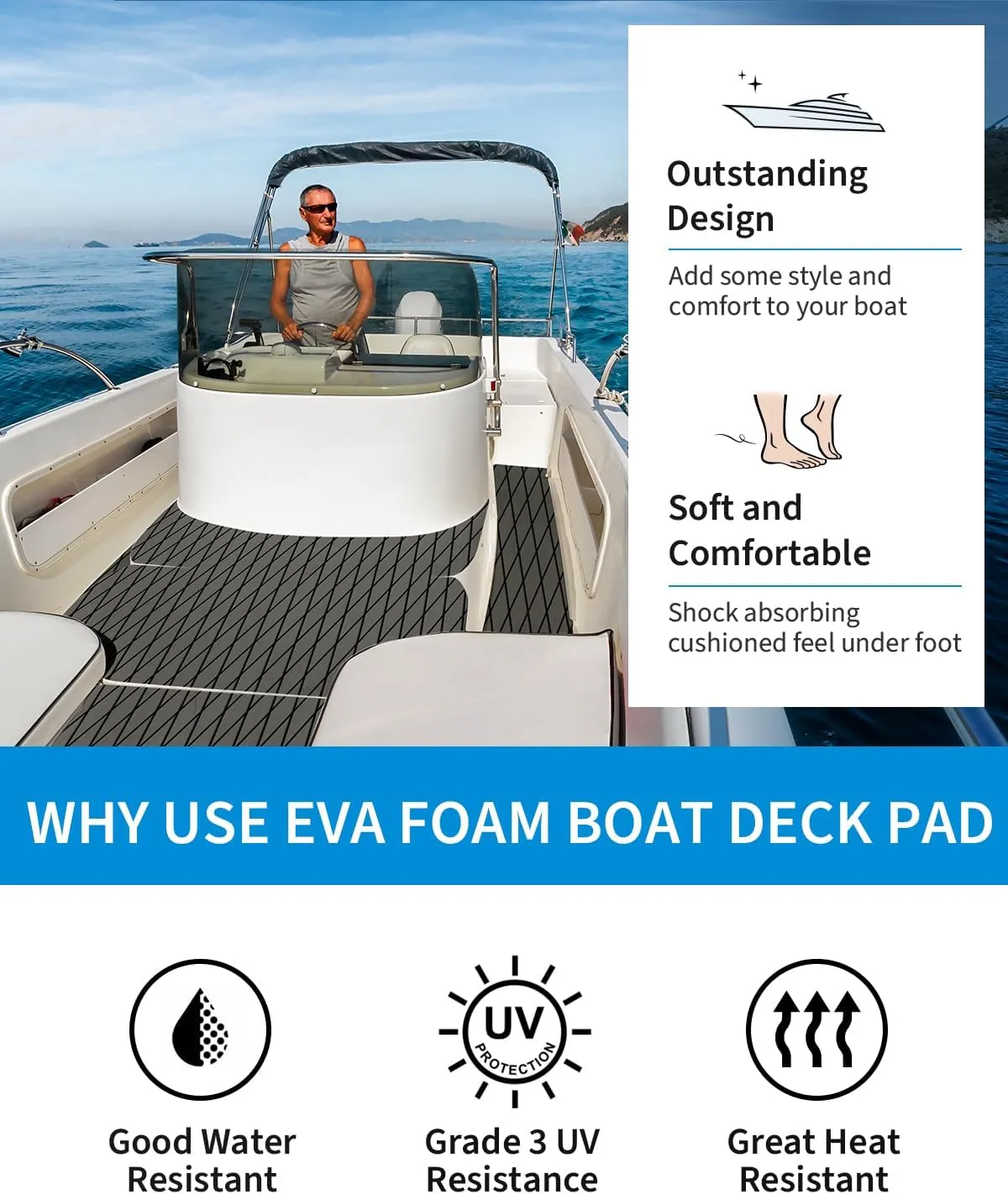 OCEANBROAD Self-Adhesive 96''x34.5''/44.5 Diamond Pattern Boat Flooring EVA Foam Marine Boat Decking Sheet Non-Slip Mat for Jon Motor Boats Yacht Helm Pad RV Floor