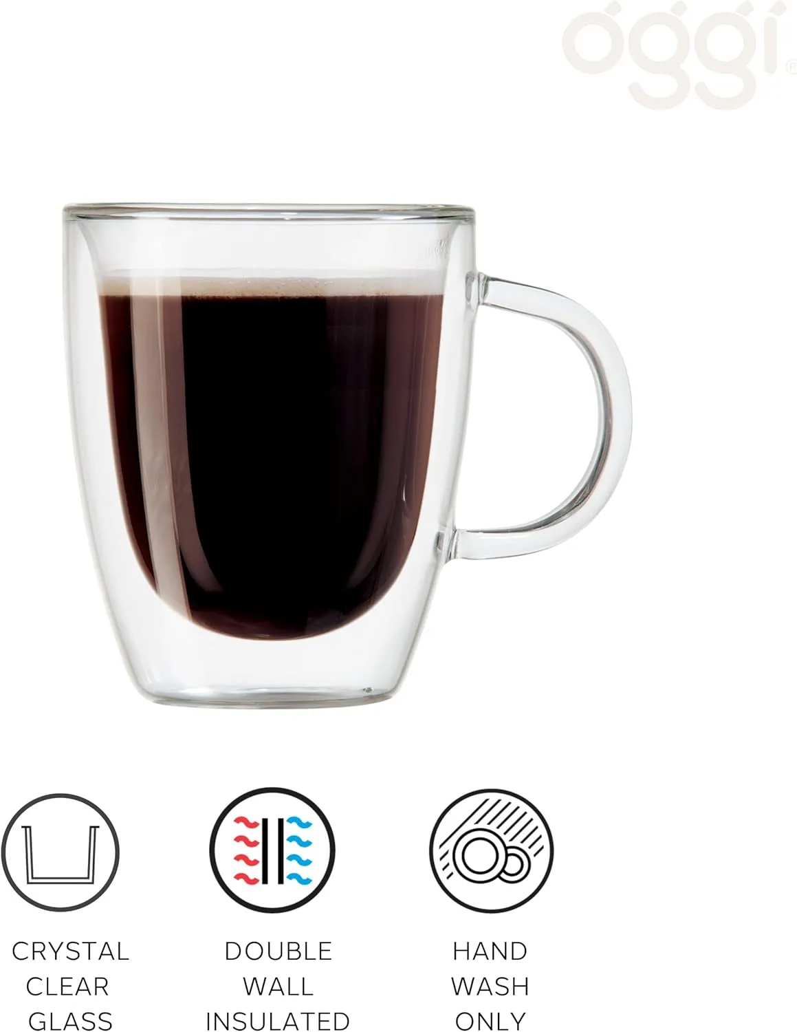 Oggi Set of 2 Double Wall Glass Coffee Cups - 16oz, Ultra Clear Borosilicate Glass Insulated Coffee Cup Set, Tea Cup Set, Cappuccino Cup Set, Latte Cup Set