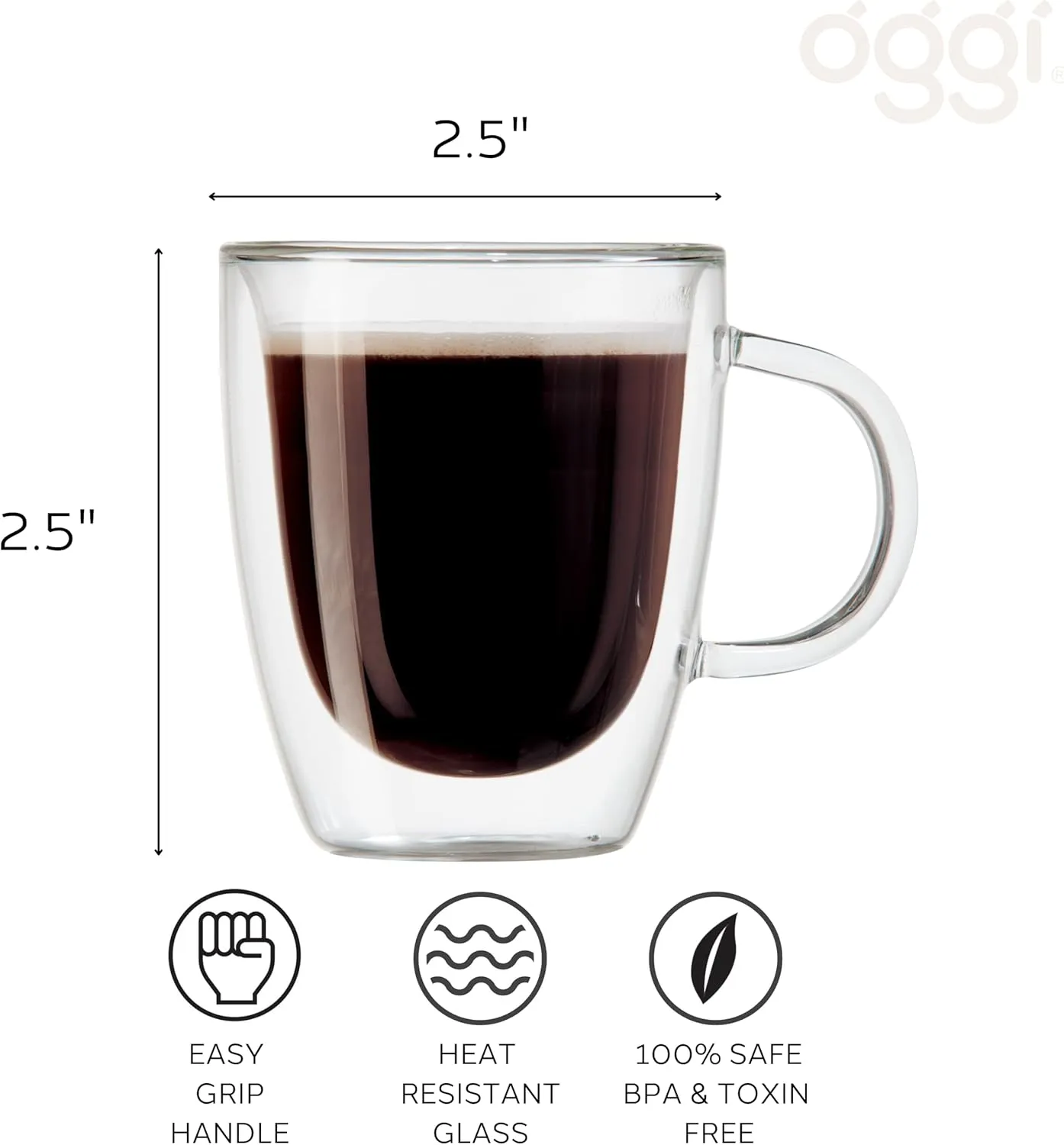 Oggi Set of 2 Double Wall Glass Coffee Cups - 16oz, Ultra Clear Borosilicate Glass Insulated Coffee Cup Set, Tea Cup Set, Cappuccino Cup Set, Latte Cup Set