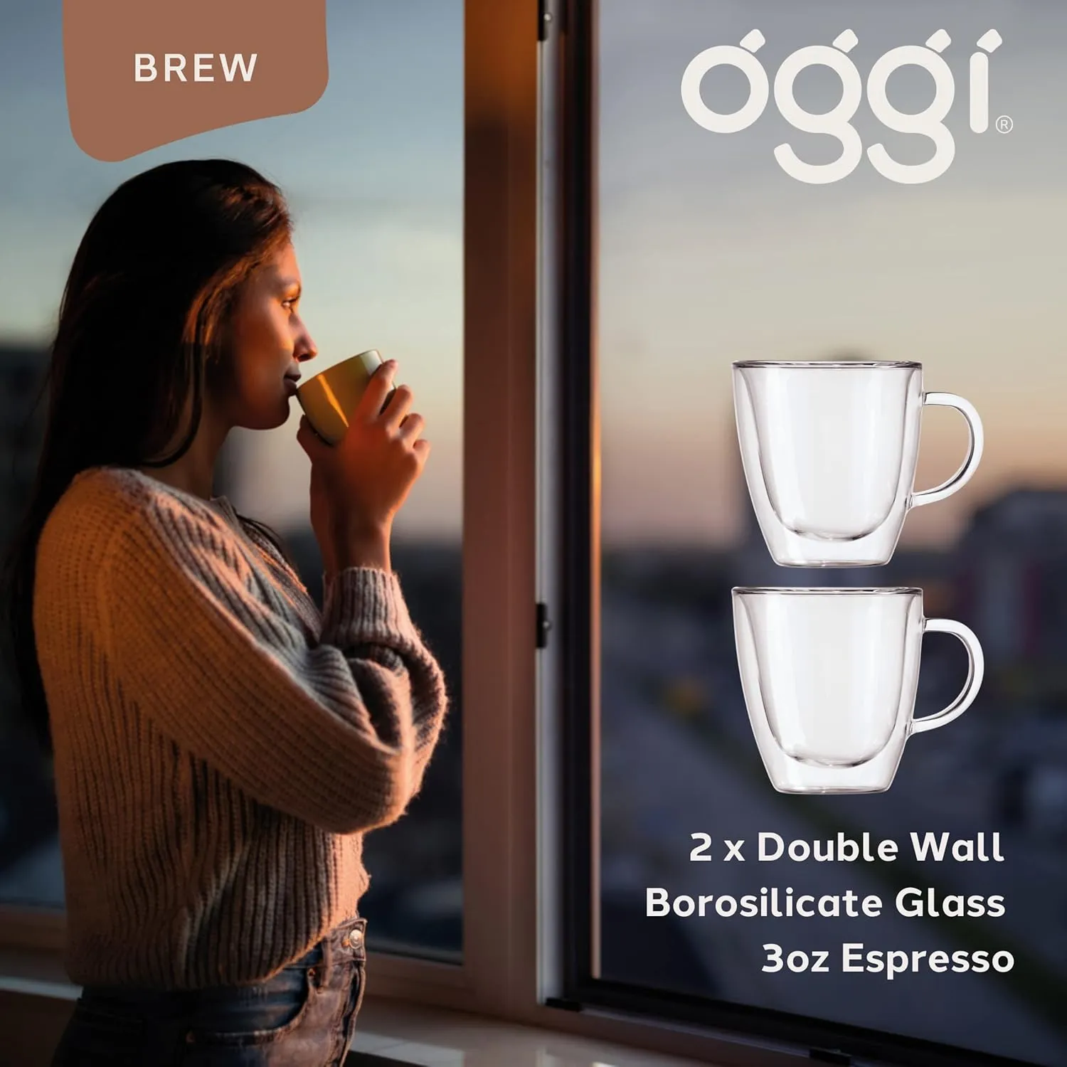 Oggi Set of 2 Double Wall Glass Coffee Cups - 16oz, Ultra Clear Borosilicate Glass Insulated Coffee Cup Set, Tea Cup Set, Cappuccino Cup Set, Latte Cup Set