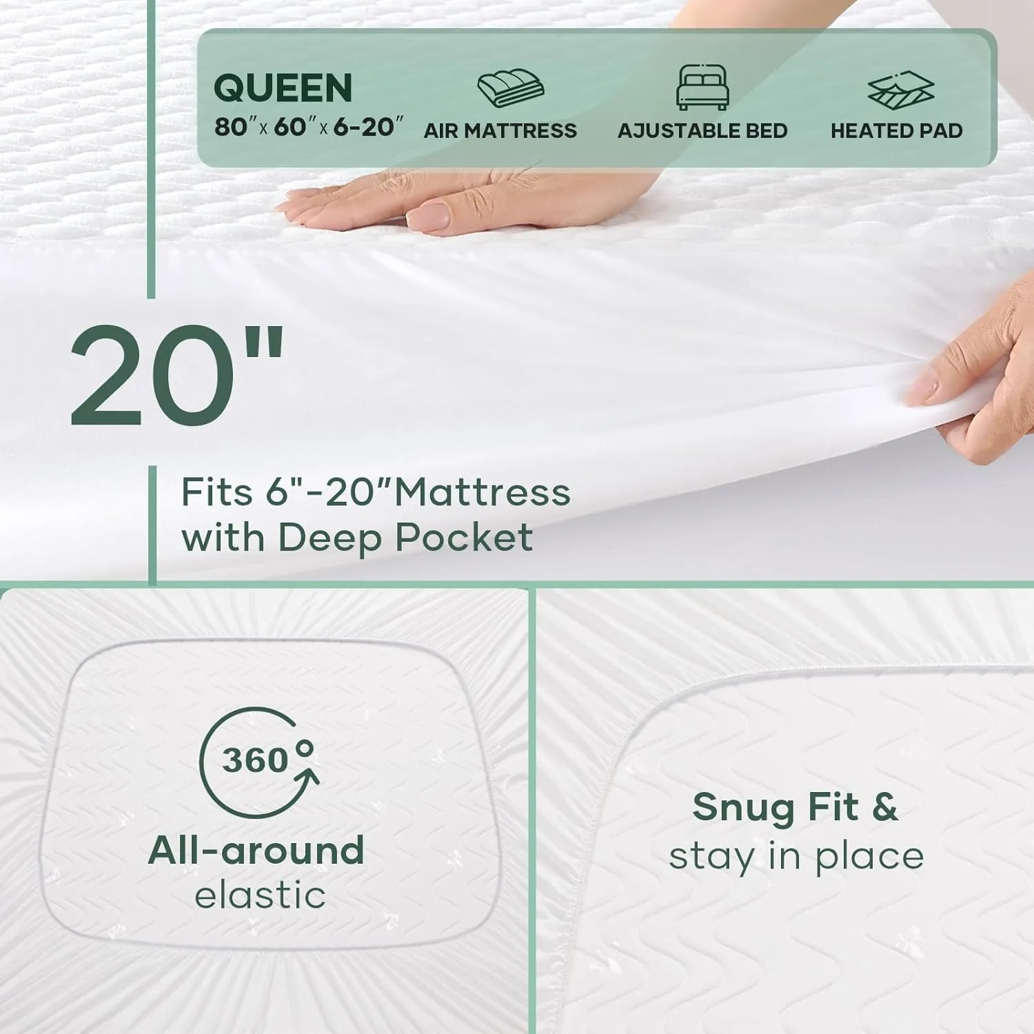 OhGeni 100% Waterproof Mattress Protector, Queen Size Mattress Pad, Fits 6"-20" Mattresses with Deep Pocket, Cooling, Breathable Fitted Sheets, Soft Bed Cover, Noiseless, Machine Washable