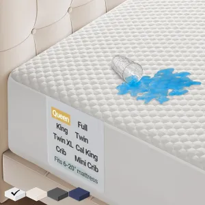 OhGeni 100% Waterproof Mattress Protector, Queen Size Mattress Pad, Fits 6"-20" Mattresses with Deep Pocket, Cooling, Breathable Fitted Sheets, Soft Bed Cover, Noiseless, Machine Washable