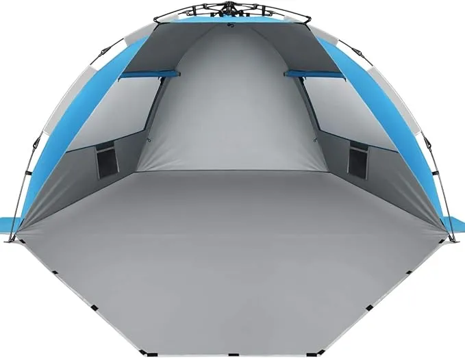 Oileus X-Large 4 Person Beach Tent Sun Shelter - Portable Sun Shade Instant Tent for Beach with Carrying Bag, Stakes, 6 Sand Pockets, Anti UV for Fishing Hiking Camping, Waterproof Windproof, Blue