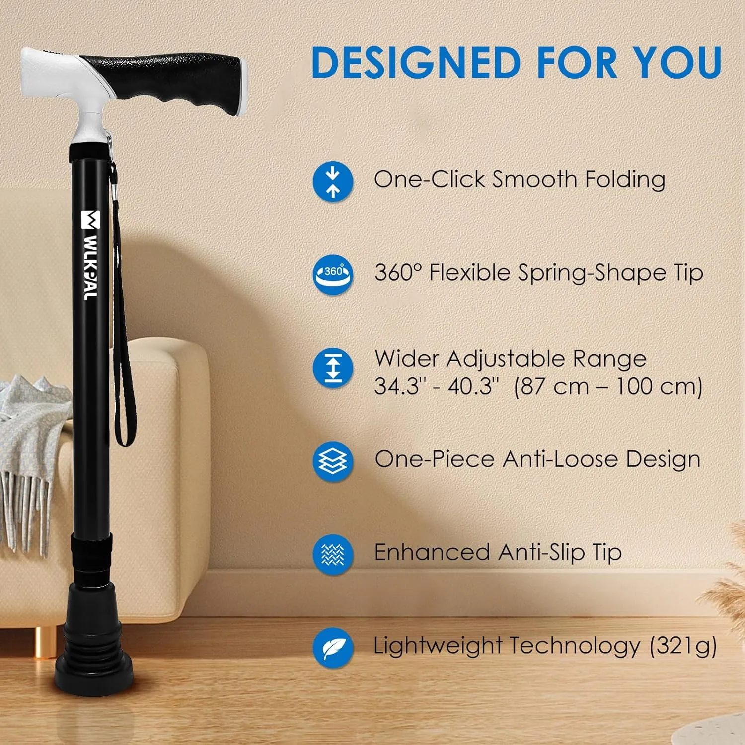One-Button MagicFold Walking Cane (Anchor Series) – Fold Manually Like an Umbrella | Compact, Lightweight & Travel-Friendly Folding Cane, Adjustable, All-Terrain Tips, Elegant Muted Tones