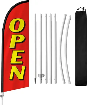 Open Flag with Pole Kit, 8FT Open Flags for Business, Open Signs with Heavy-Duty Pole & Ground Spike, Open Swooper Flag for Outdoor Storefront Flag