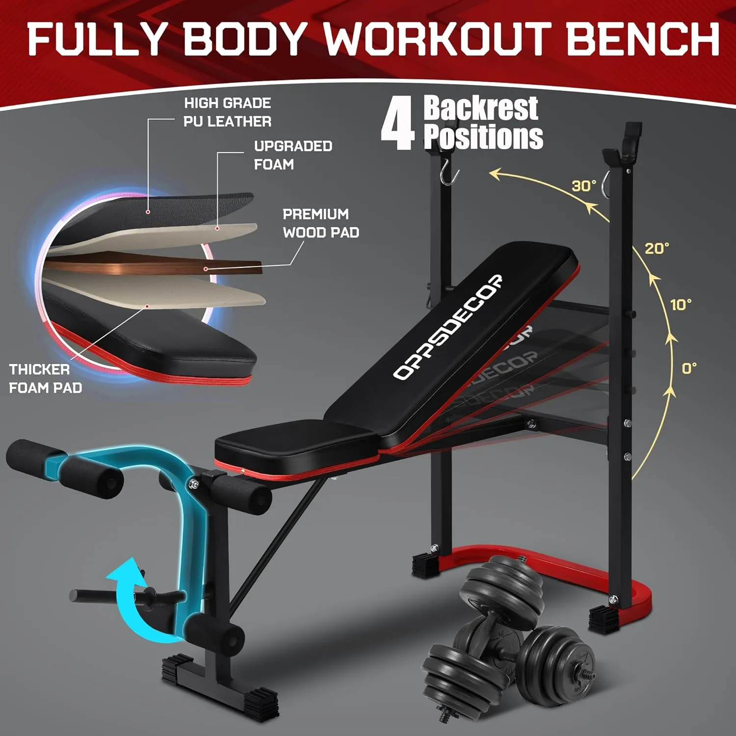 OPPSDECOR Standard Weight Bench with Leg Extension and Leg Curl, Adjustable Bench Press with Preacher Curl Pad, 660LBS Flat/Incline Workout Bench for Home Gym, Ideal for Teens