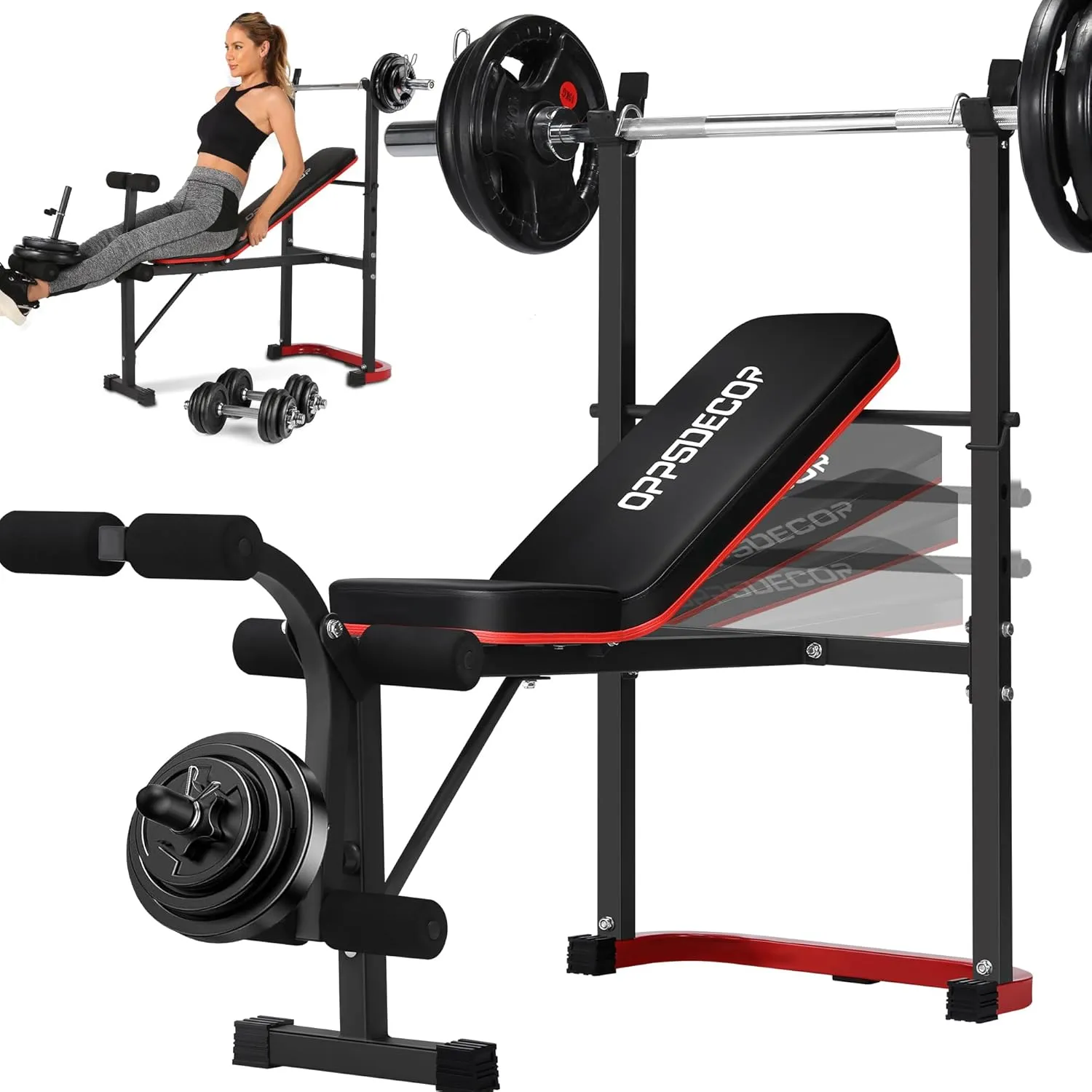 OPPSDECOR Standard Weight Bench with Leg Extension and Leg Curl, Adjustable Bench Press with Preacher Curl Pad, 660LBS Flat/Incline Workout Bench for Home Gym, Ideal for Teens