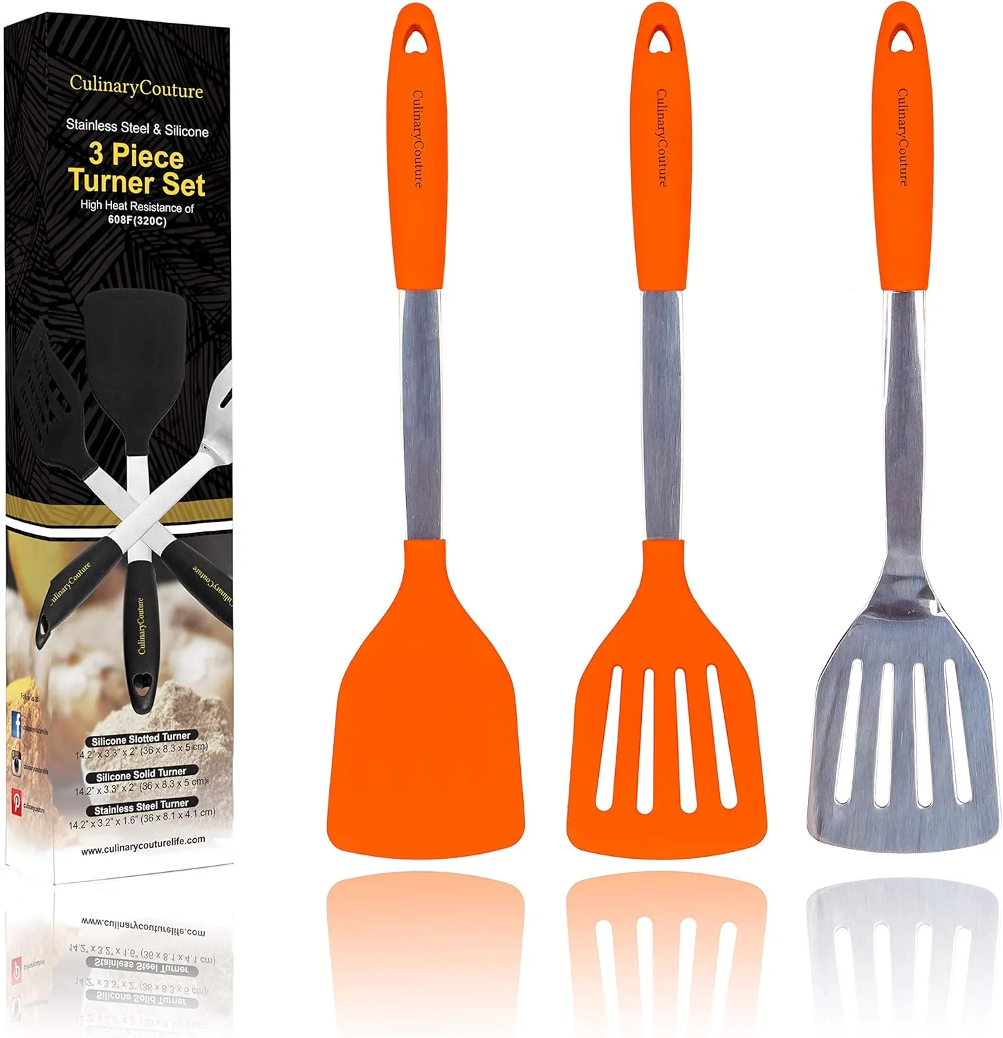 Orange Stainless Steel Spatula Set – Includes Slotted Spatula, Silicone Turner, Metal Spatula - Heat Resistant Silicone Turner Set – Metal Spatulas for Kitchen use, BBQ, Grill