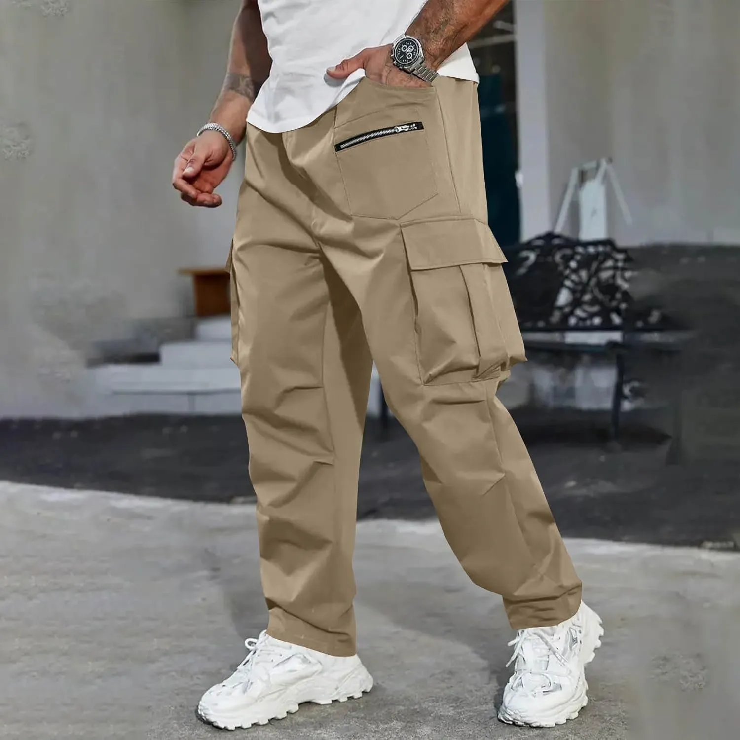 Outdoor Cargo Pants for Men 2025 Lightweight Baggy Street Hiking Pants with Multi-Pockets Oversized Twill Trousers