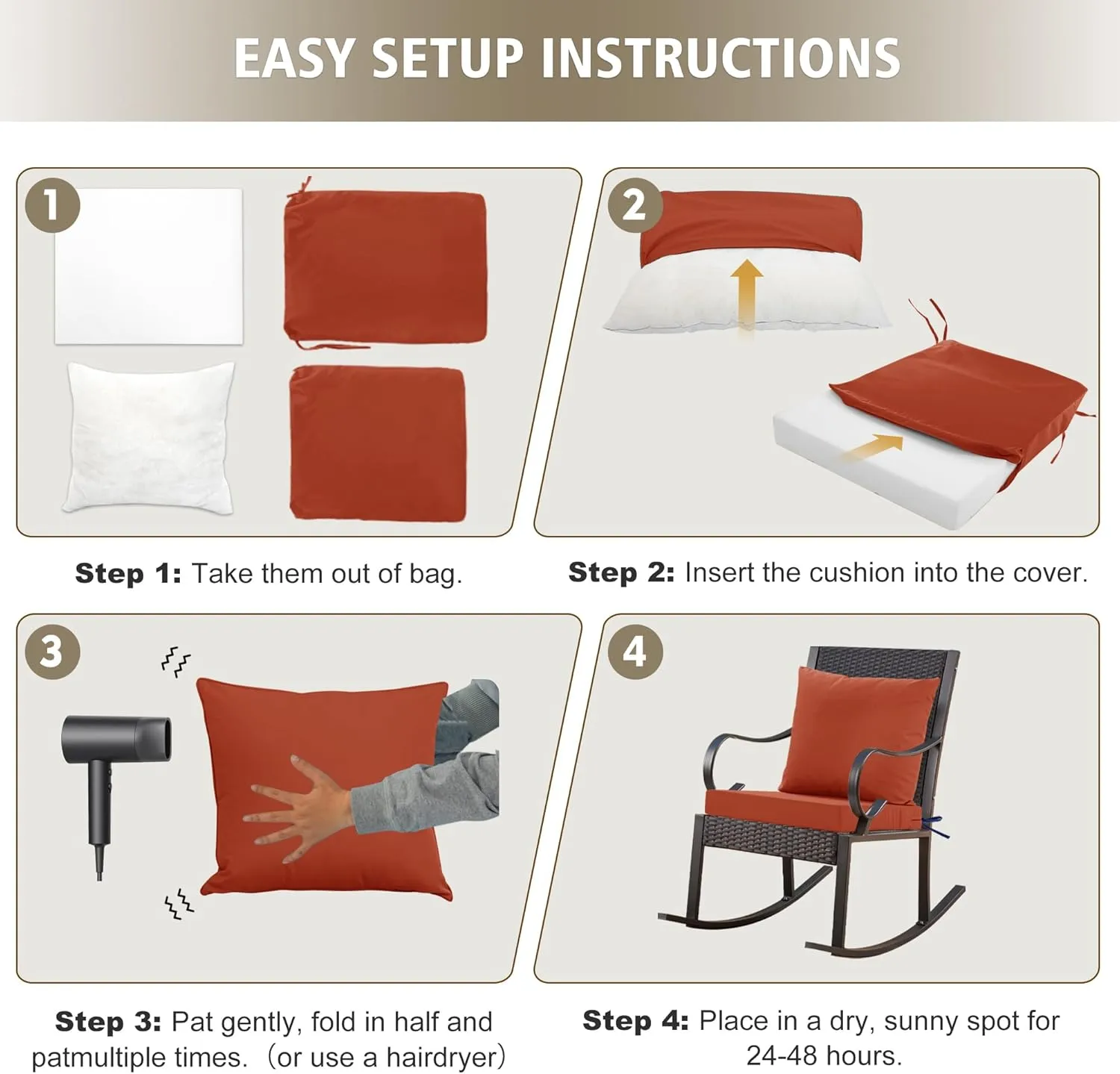 Outdoor Cushions for Patio Furniture, Waterproof Outdoor Chair Cushion w/Fade-Resistant, Removable & Machine-Washable Cover, 22x22 Inch, Deep Seat Sofa/Couch Pad Replacement – Set of 2, Rust