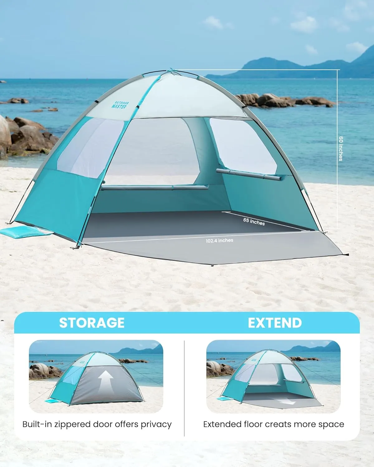OutdoorMaster Beach Tent for 3/4 Person - Easy Setup Sun Shade Shelter, Portable Beach Shade Sun Canopy with UPF 50  UV Protection, Removable Skylight Family Size