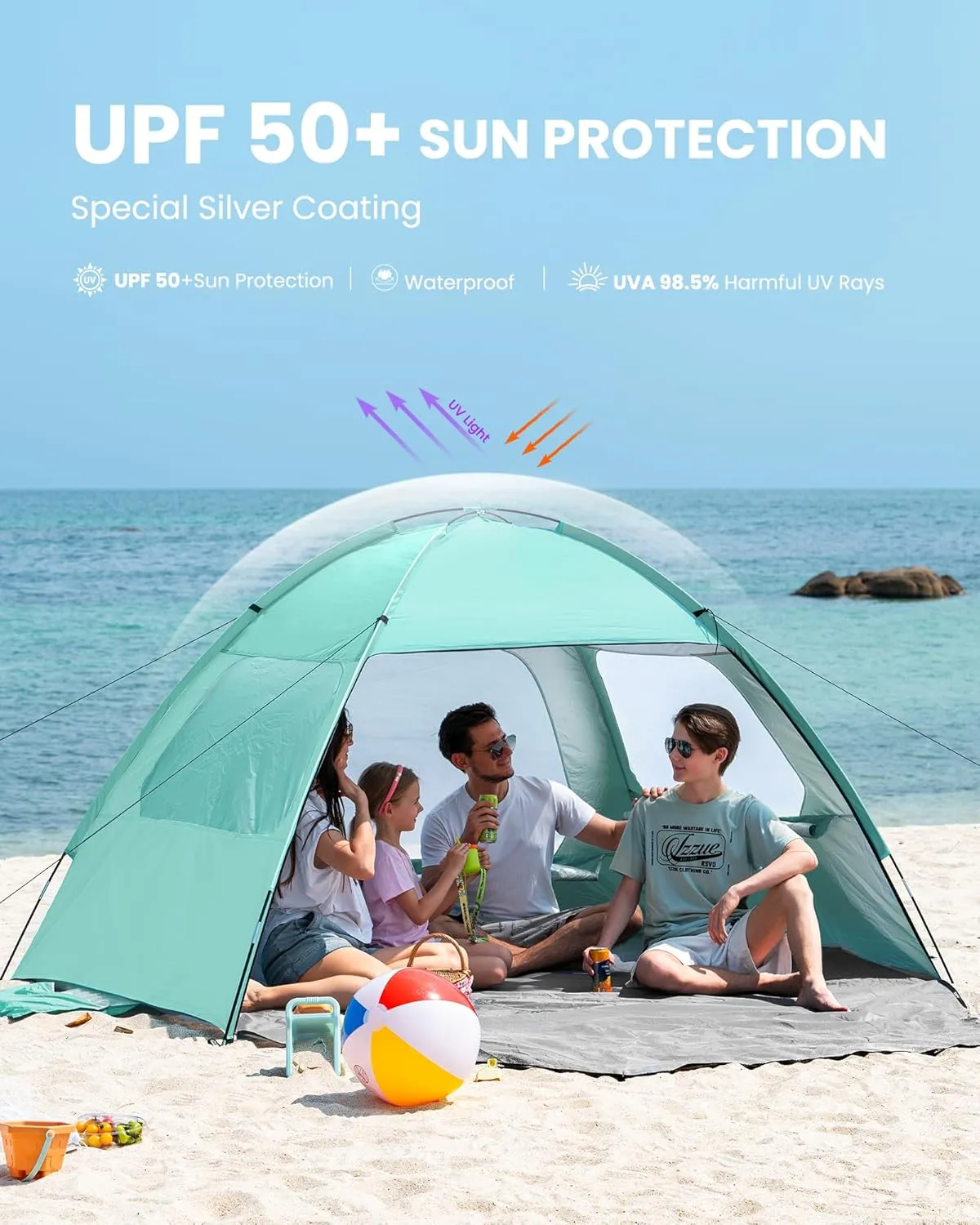 OutdoorMaster Beach Tent for 3/4 Person - Easy Setup Sun Shade Shelter, Portable Beach Shade Sun Canopy with UPF 50  UV Protection, Removable Skylight Family Size