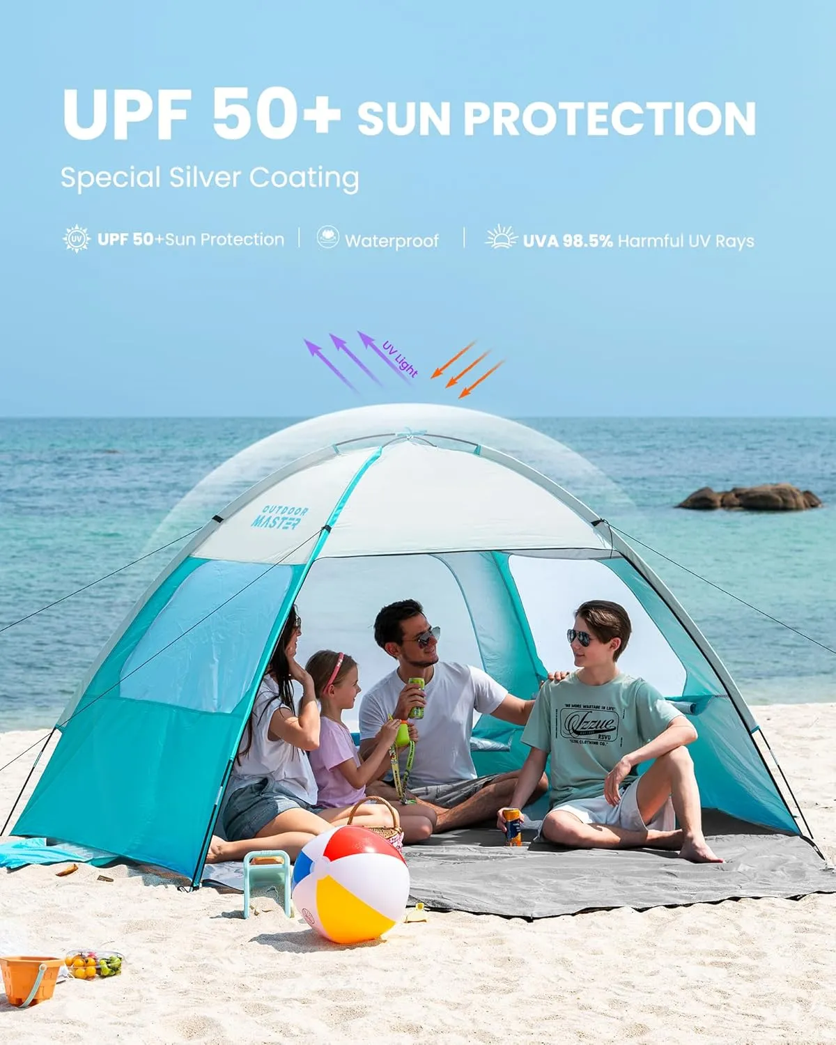 OutdoorMaster Beach Tent for 3/4 Person - Easy Setup Sun Shade Shelter, Portable Beach Shade Sun Canopy with UPF 50  UV Protection, Removable Skylight Family Size