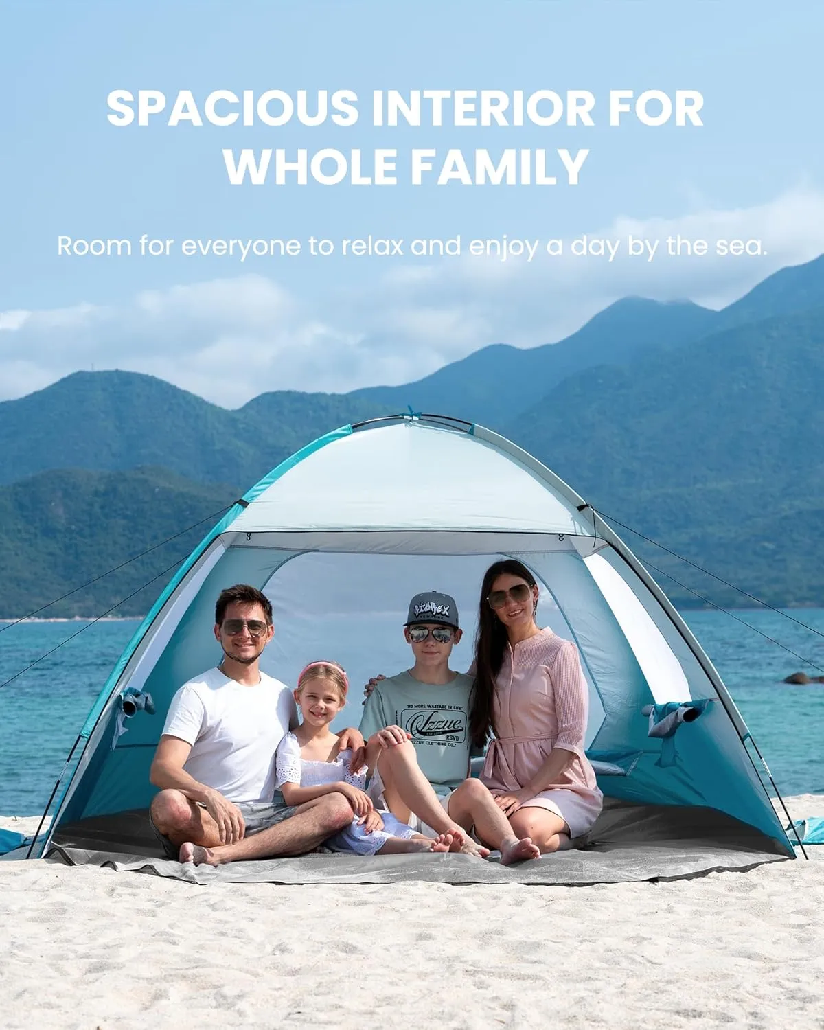 OutdoorMaster Beach Tent for 3/4 Person - Easy Setup Sun Shade Shelter, Portable Beach Shade Sun Canopy with UPF 50  UV Protection, Removable Skylight Family Size