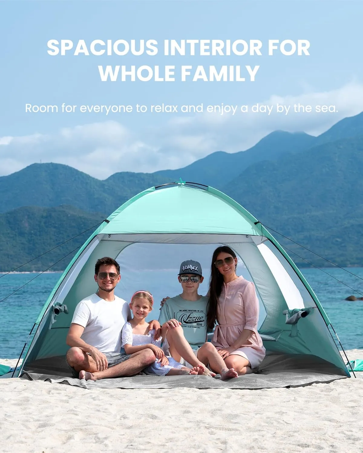 OutdoorMaster Beach Tent for 3/4 Person - Easy Setup Sun Shade Shelter, Portable Beach Shade Sun Canopy with UPF 50  UV Protection, Removable Skylight Family Size