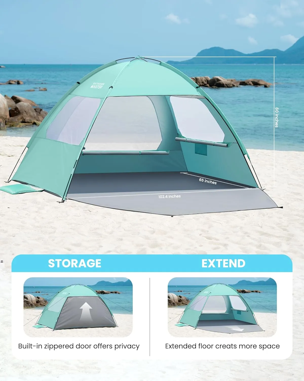 OutdoorMaster Beach Tent for 3/4 Person - Easy Setup Sun Shade Shelter, Portable Beach Shade Sun Canopy with UPF 50  UV Protection, Removable Skylight Family Size