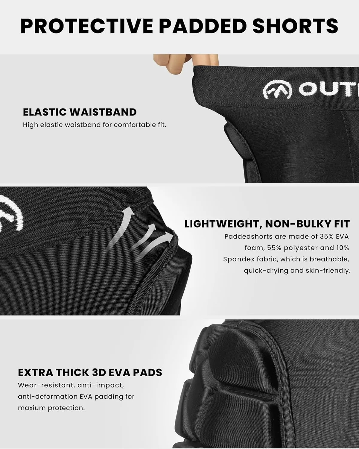 OutdoorMaster Snowboard Butt Pad - 3D Protection Impact Shorts With Thick EVA Pads for Snowboarding, Skating and Skiing - Tailbone Protection - 3 Sizes